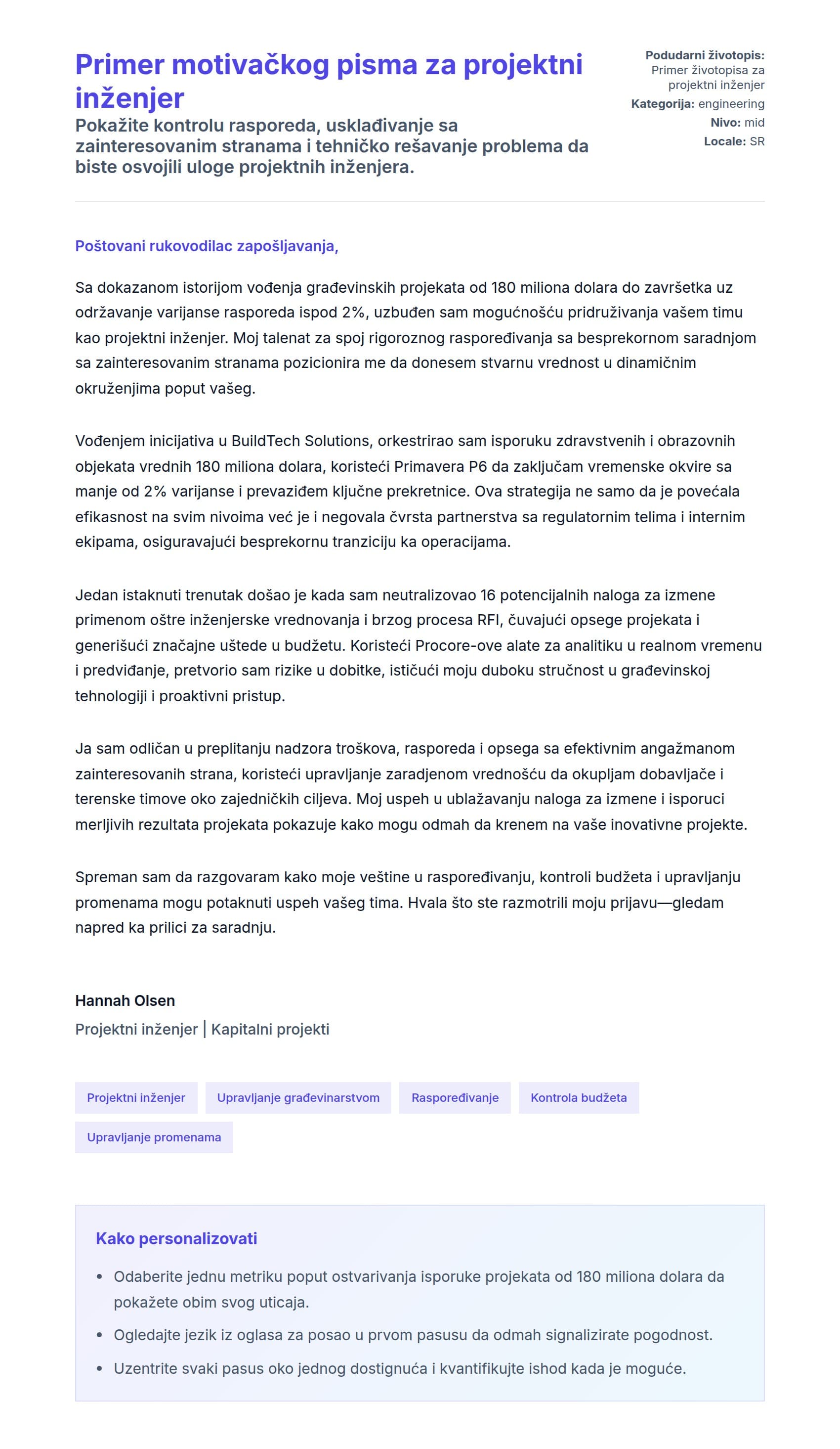 Pregled pokrivnog pisma za Primer motivačkog pisma za projektni inženjer