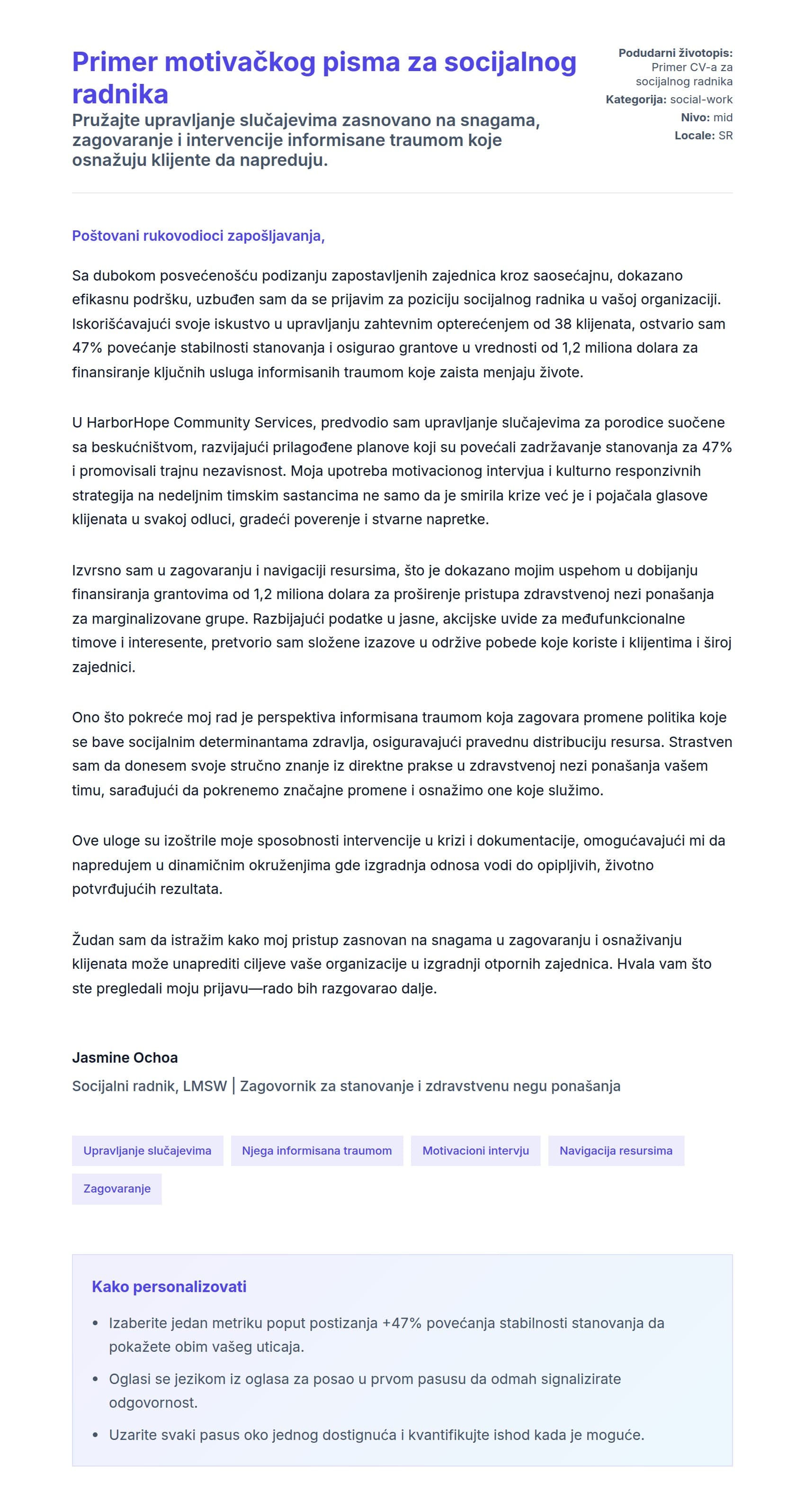 Pregled pokrivnog pisma za Primer motivačkog pisma za socijalnog radnika