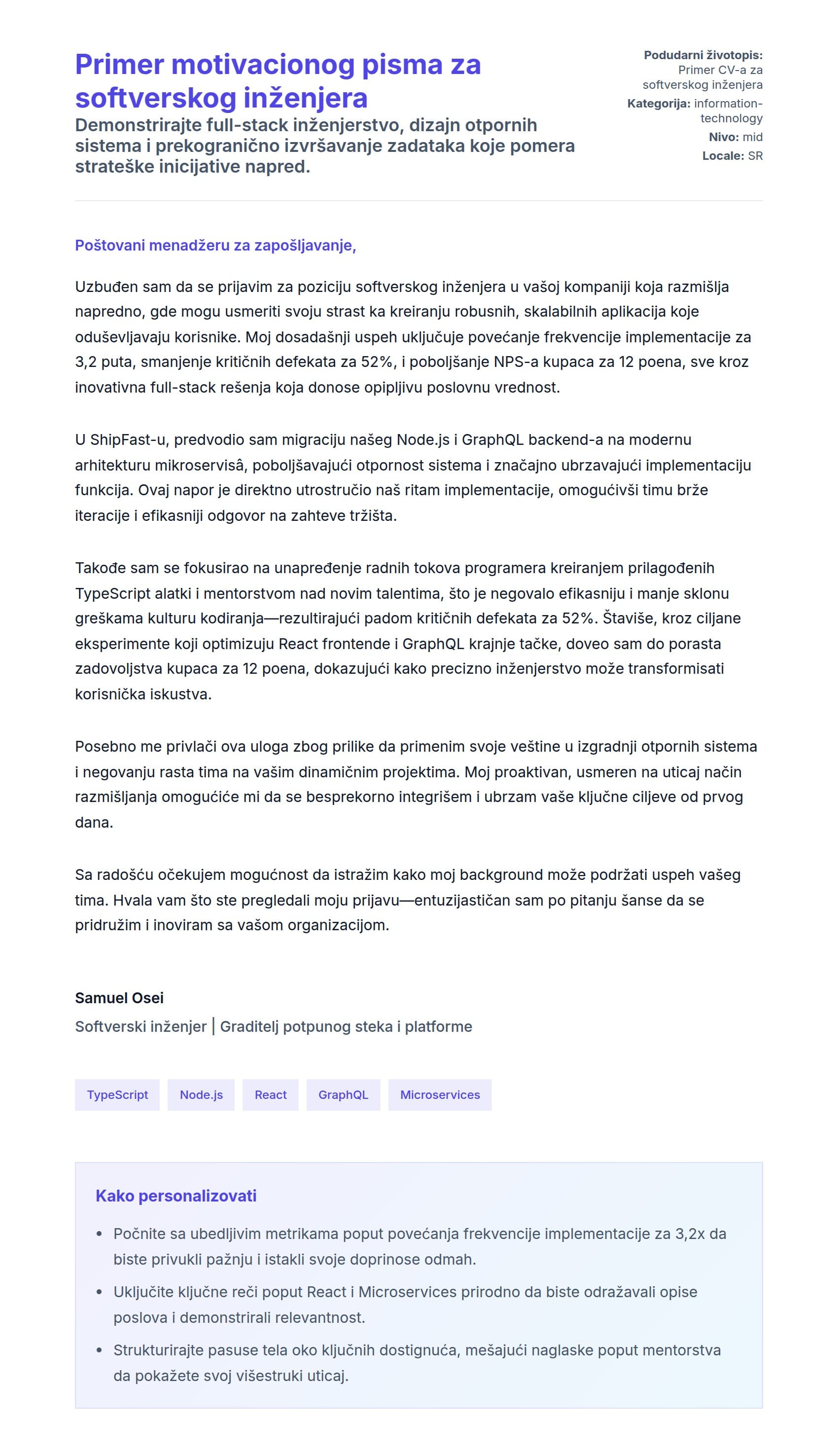 Pregled pokrivnog pisma za Primer motivacionog pisma za softverskog inženjera