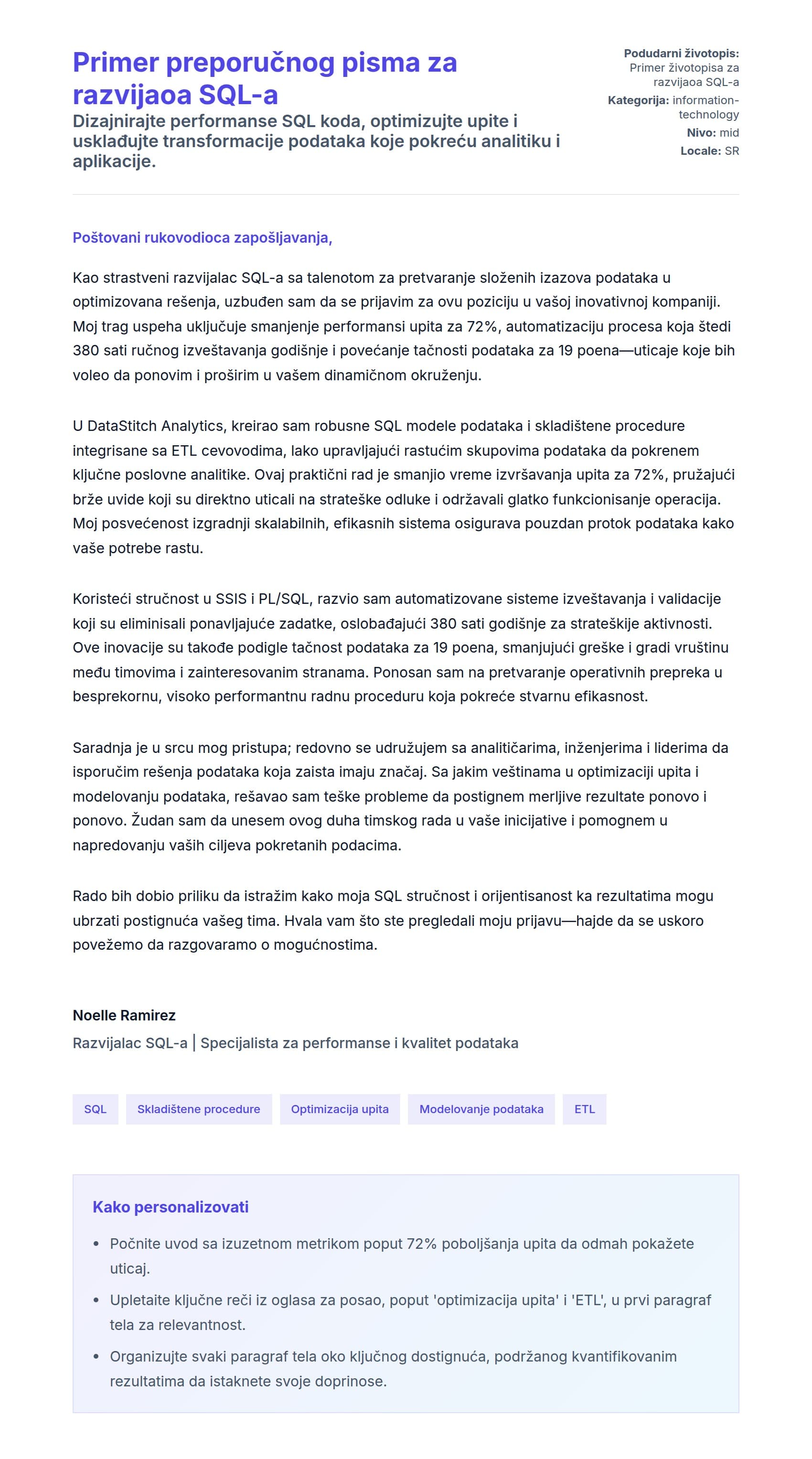 Pregled pokrivnog pisma za Primer preporučnog pisma za razvijaoa SQL-a