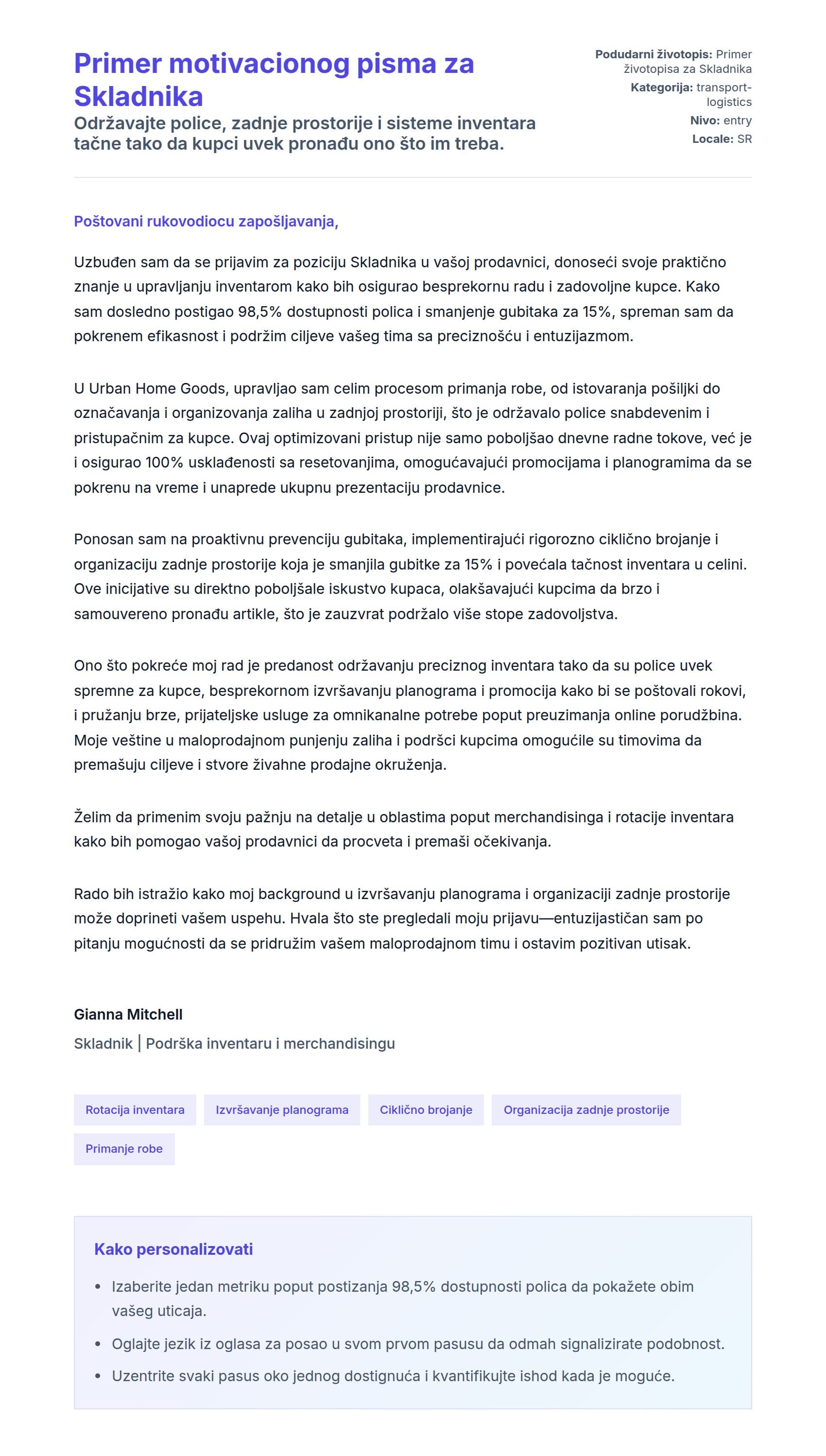 Pregled pokrivnog pisma za Primer motivacionog pisma za Skladnika