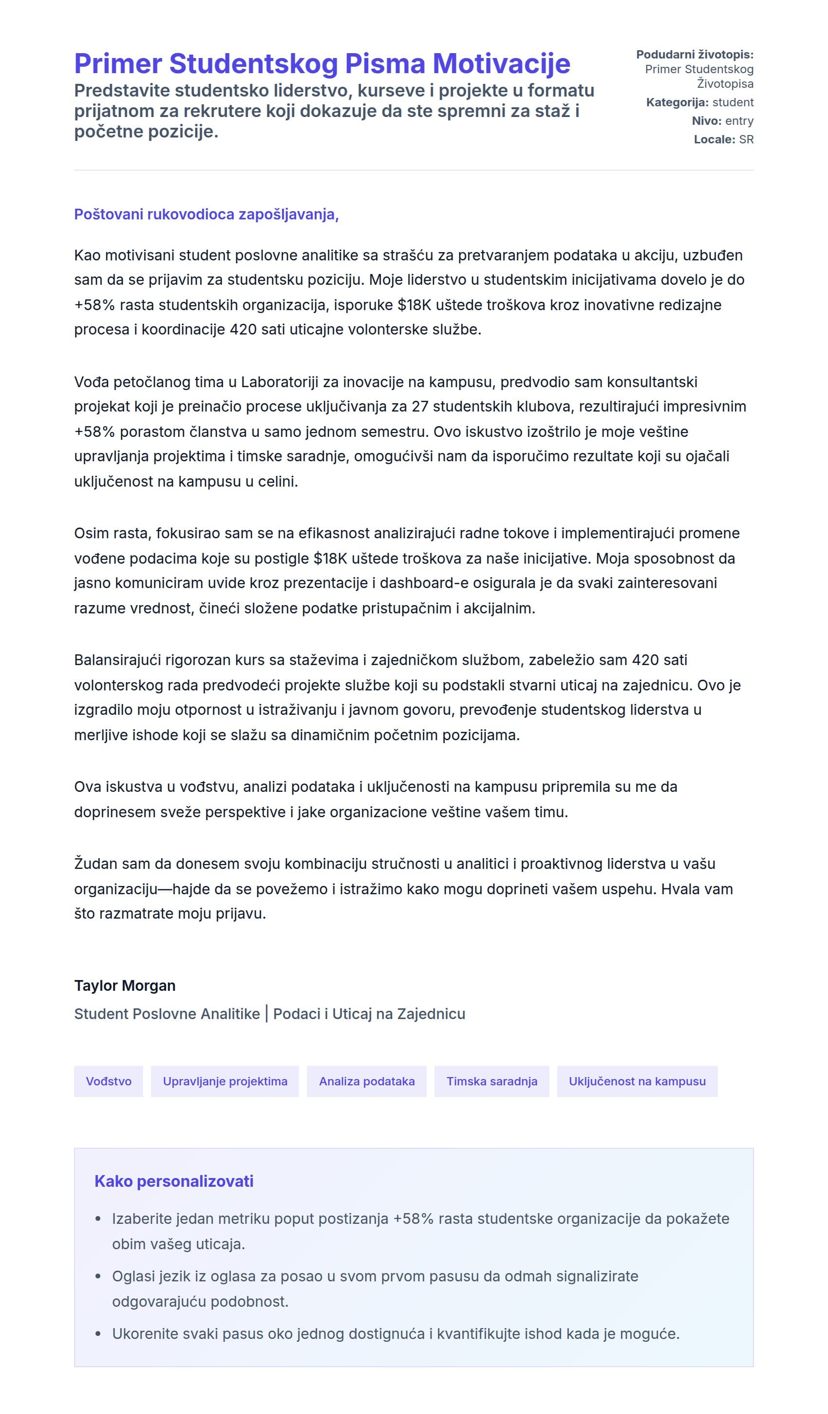 Pregled pokrivnog pisma za Primer Studentskog Pisma Motivacije