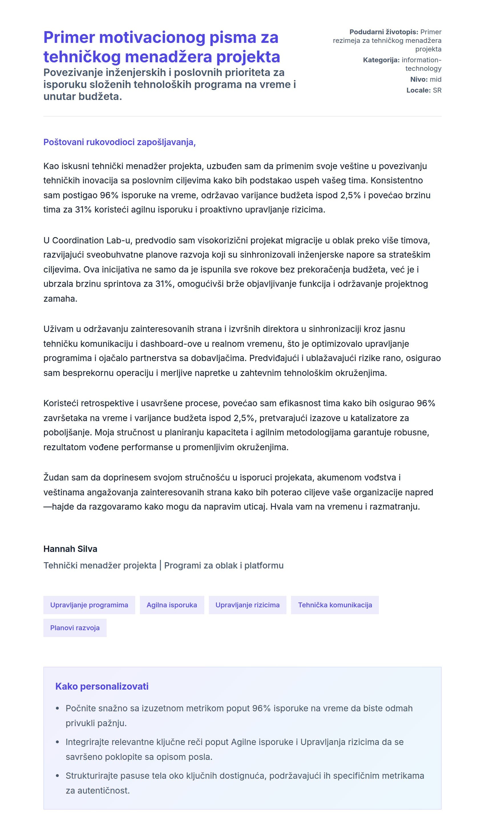 Pregled pokrivnog pisma za Primer motivacionog pisma za tehničkog menadžera projekta
