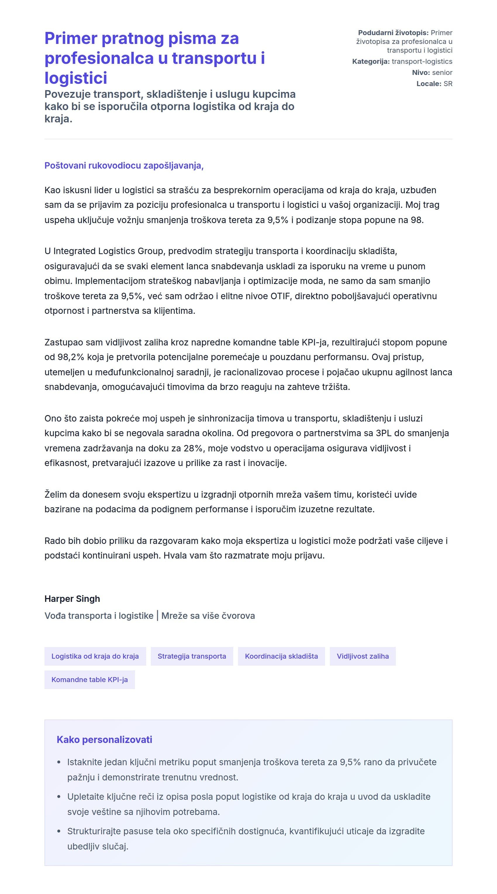 Pregled pokrivnog pisma za Primer pratnog pisma za profesionalca u transportu i logistici