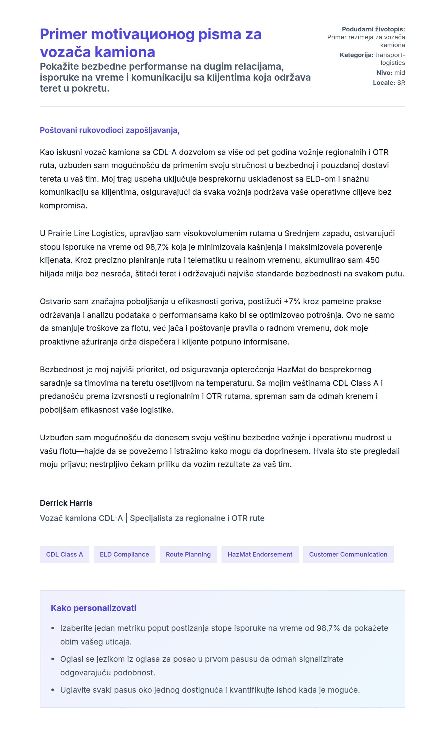 Pregled pokrivnog pisma za Primer motivaционog pisma za vozača kamiona