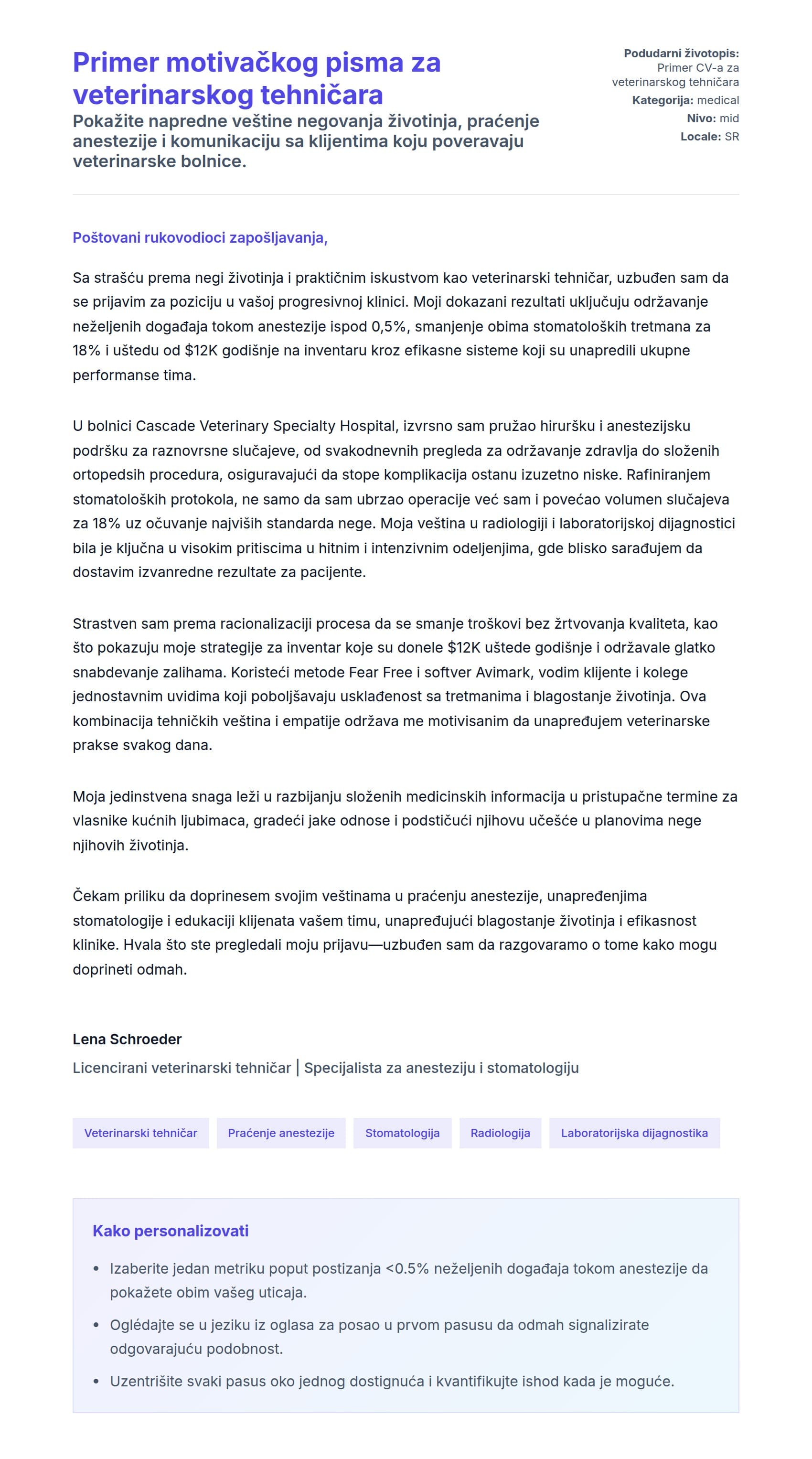 Pregled pokrivnog pisma za Primer motivačkog pisma za veterinarskog tehničara