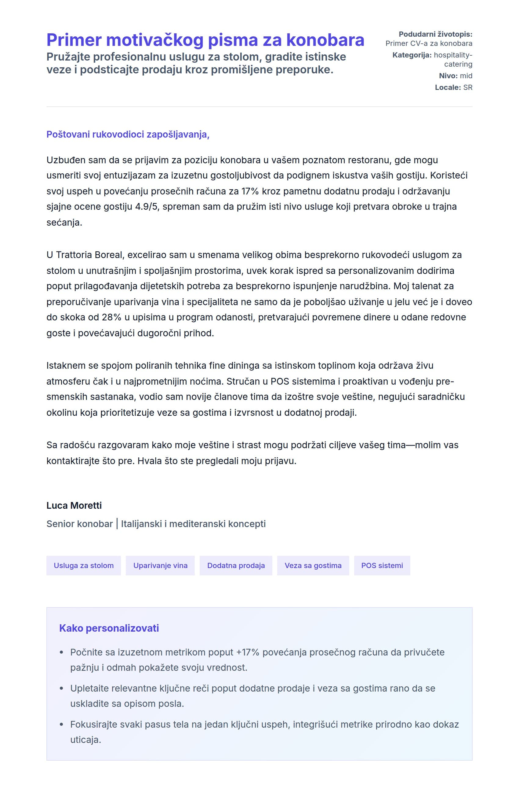 Pregled pokrivnog pisma za Primer motivačkog pisma za konobara