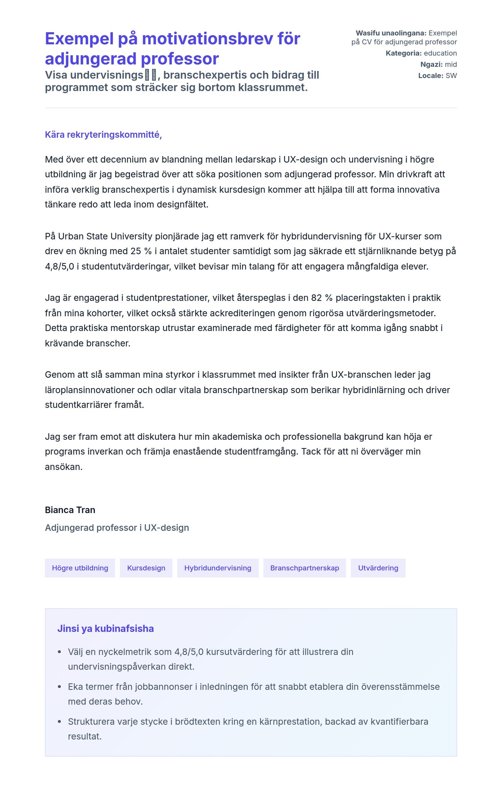 Naonyesho la Barua ya Kufunika kwa Exempel på motivationsbrev för adjungerad professor