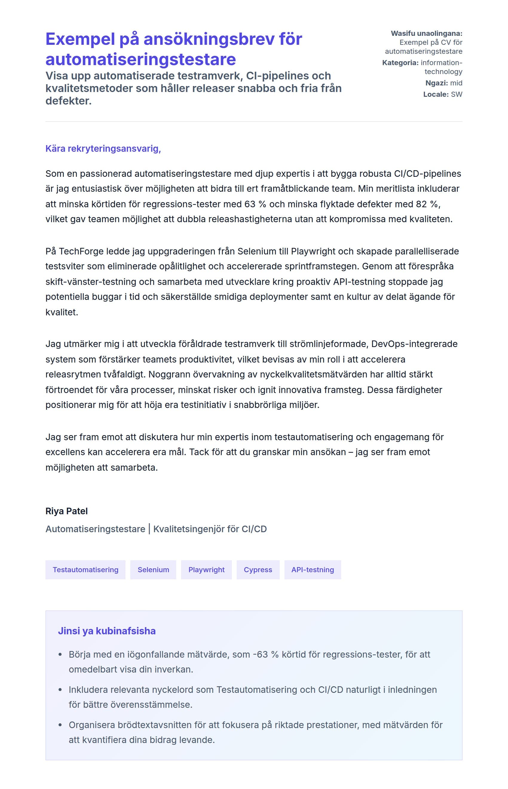 Naonyesho la Barua ya Kufunika kwa Exempel på ansökningsbrev för automatiseringstestare