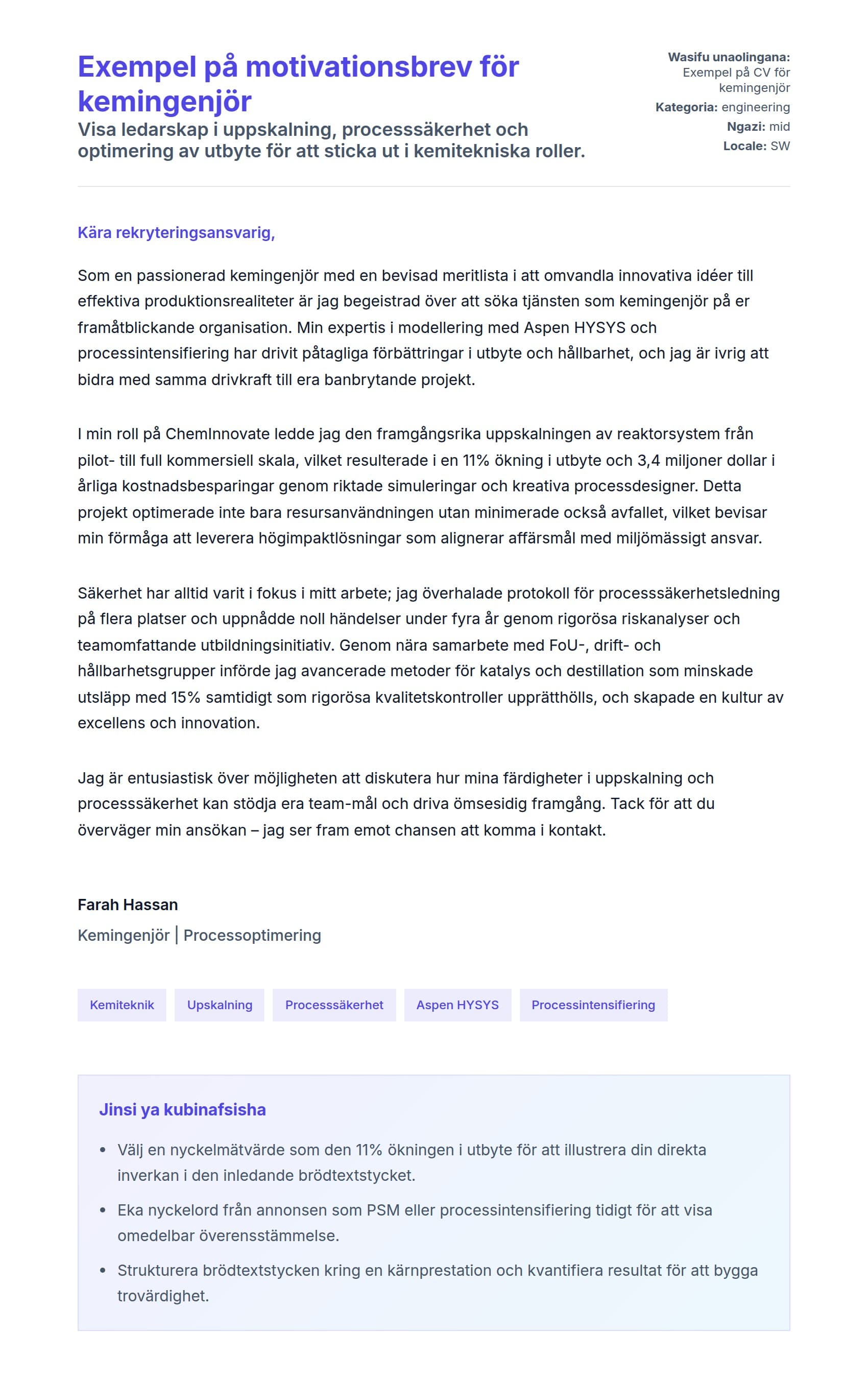 Naonyesho la Barua ya Kufunika kwa Exempel på motivationsbrev för kemingenjör