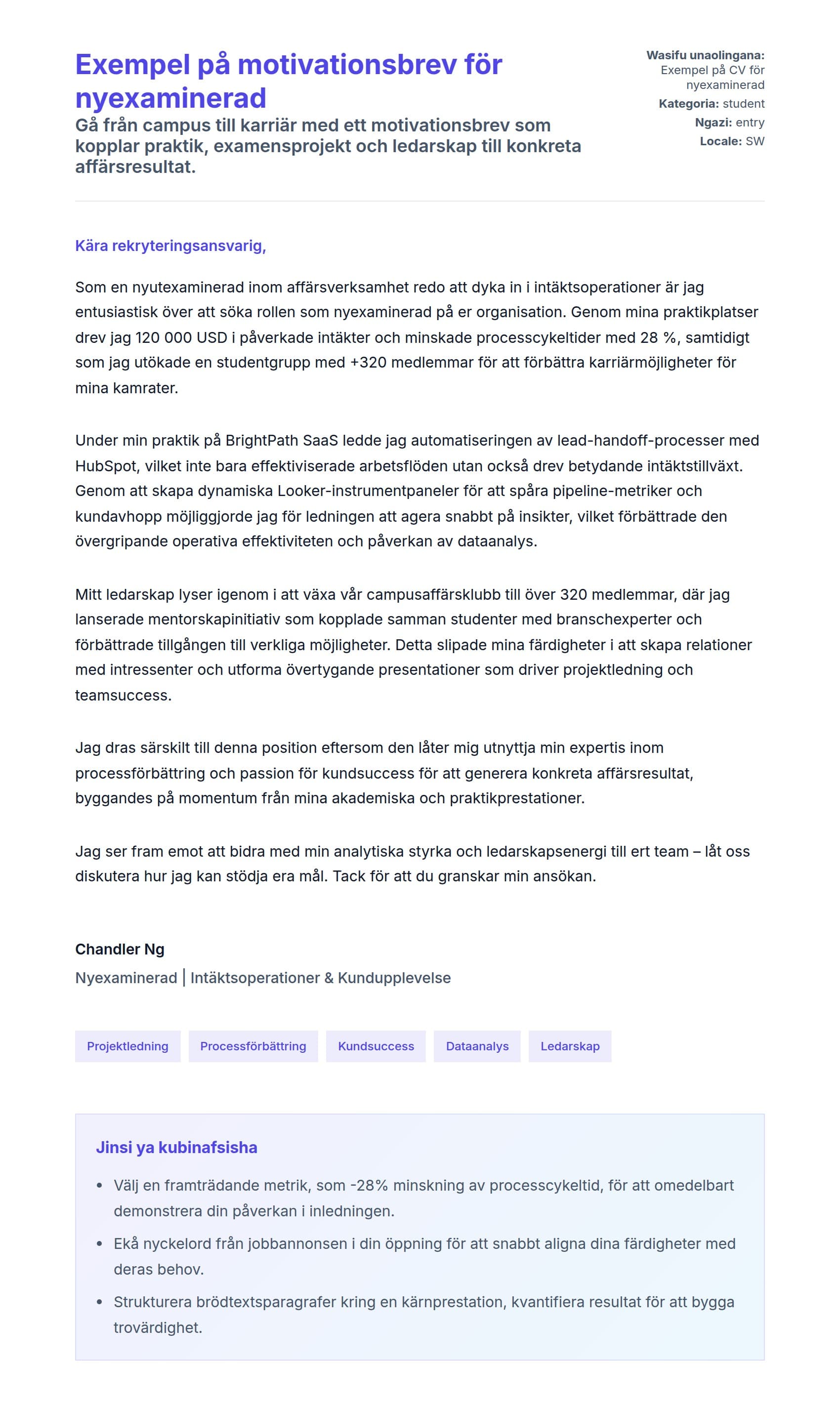 Naonyesho la Barua ya Kufunika kwa Exempel på motivationsbrev för nyexaminerad