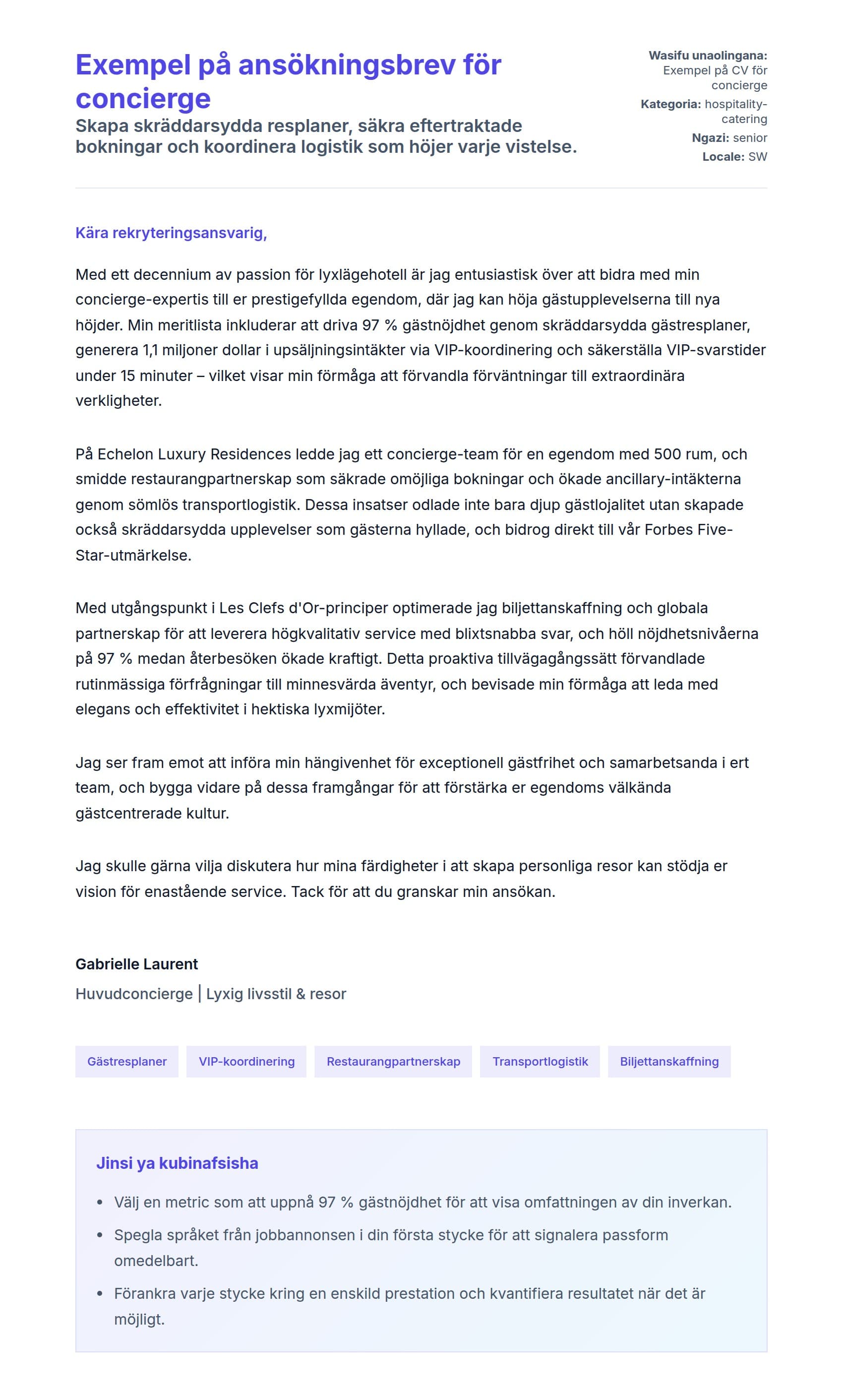 Naonyesho la Barua ya Kufunika kwa Exempel på ansökningsbrev för concierge