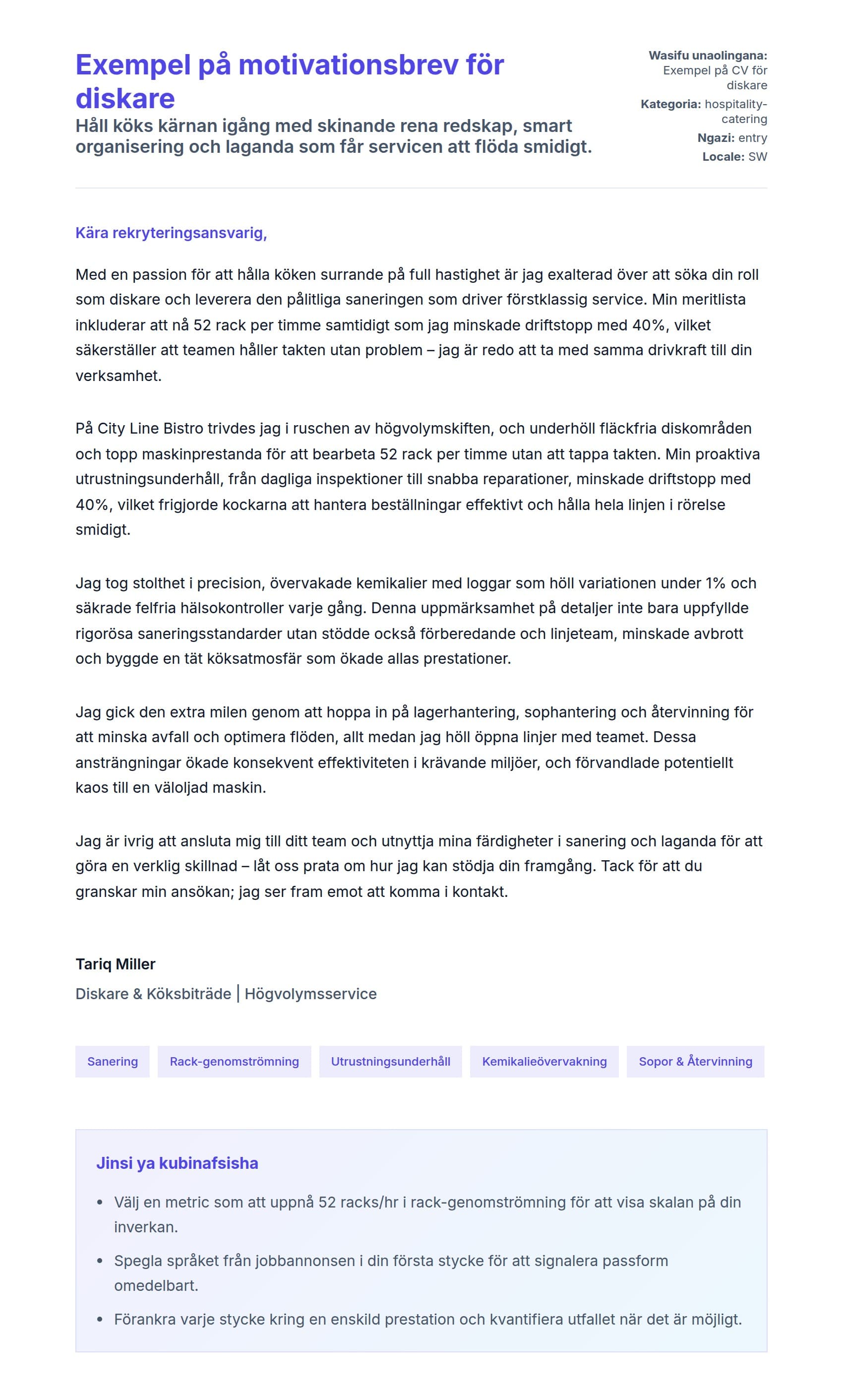 Naonyesho la Barua ya Kufunika kwa Exempel på motivationsbrev för diskare