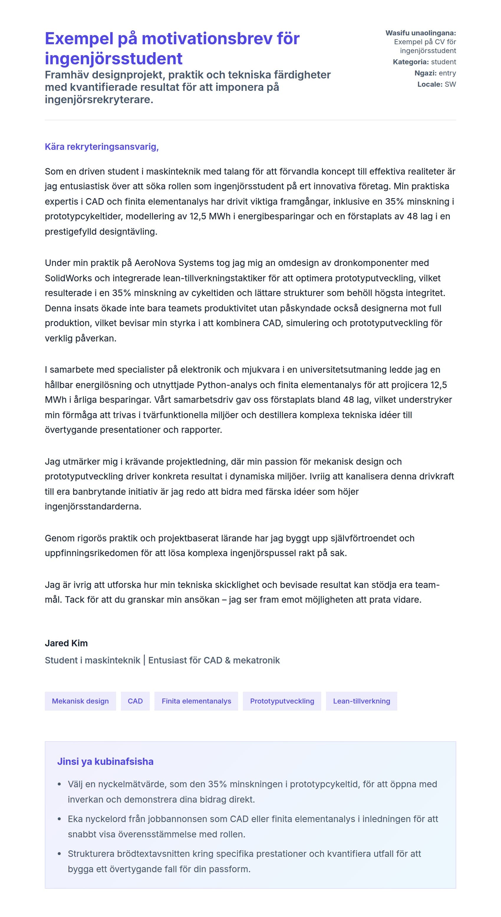 Naonyesho la Barua ya Kufunika kwa Exempel på motivationsbrev för ingenjörsstudent
