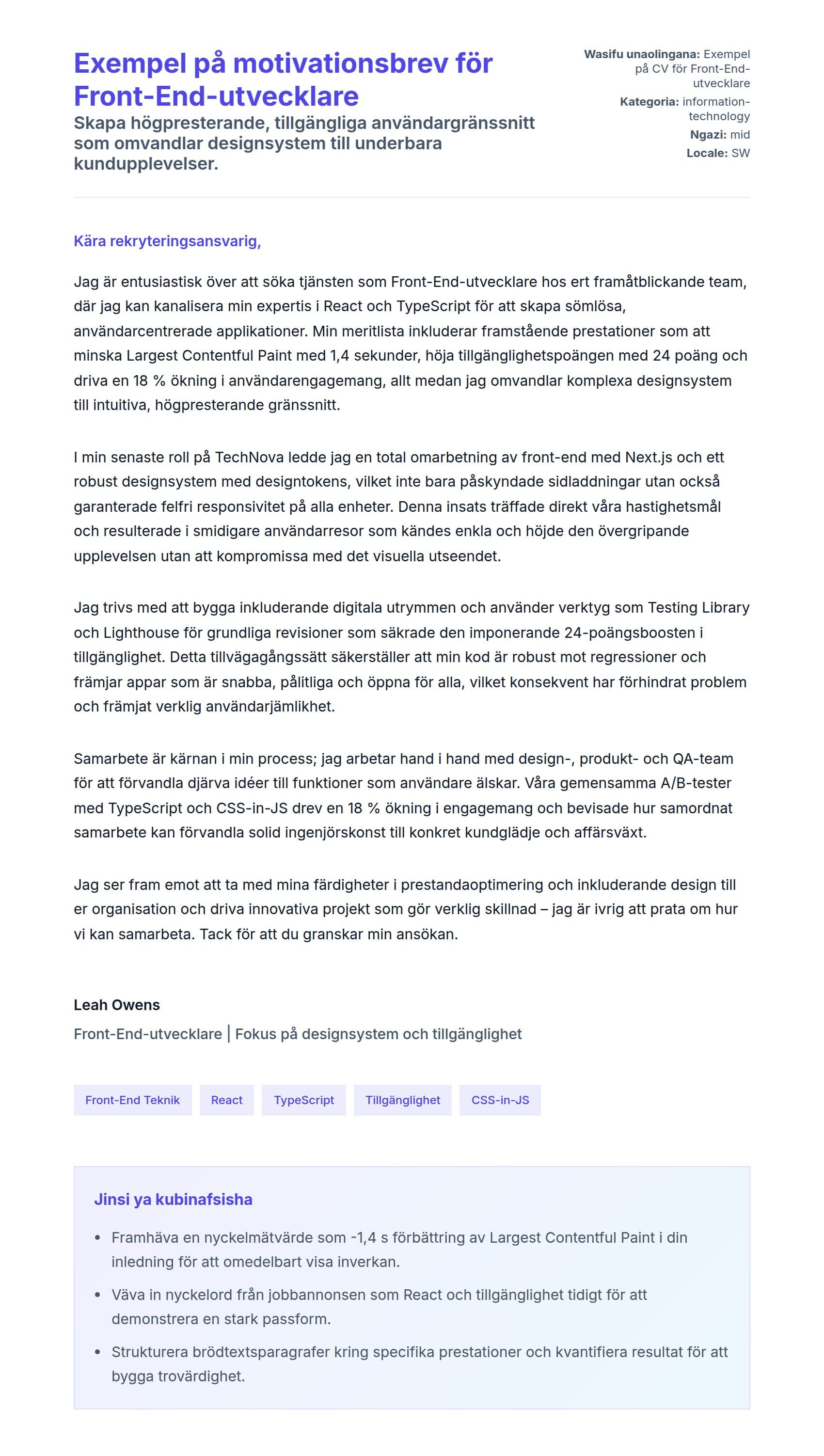 Naonyesho la Barua ya Kufunika kwa Exempel på motivationsbrev för Front-End-utvecklare