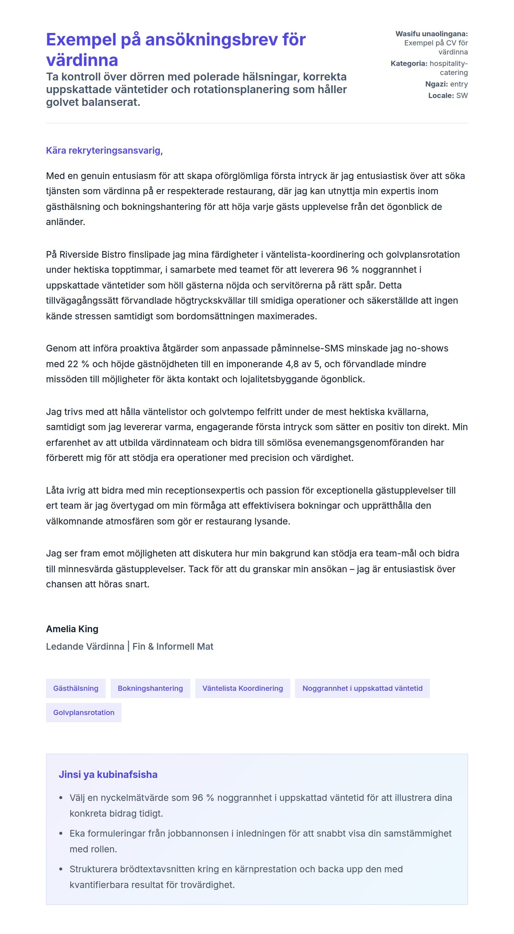 Naonyesho la Barua ya Kufunika kwa Exempel på ansökningsbrev för värdinna