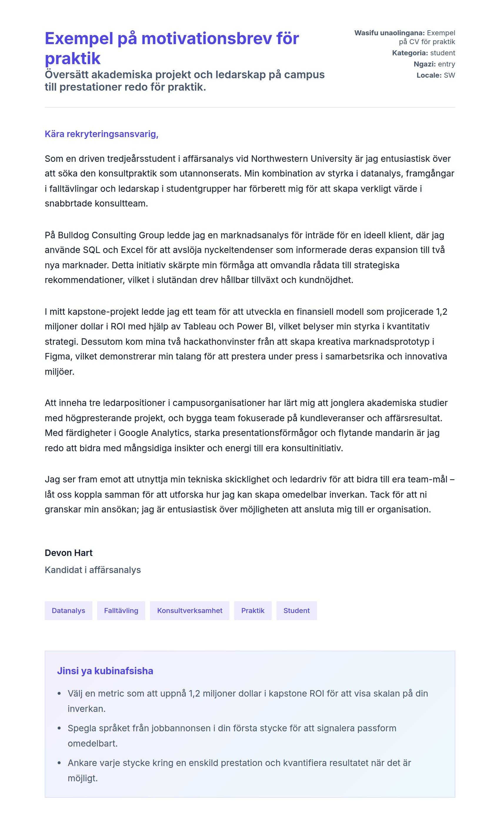 Naonyesho la Barua ya Kufunika kwa Exempel på motivationsbrev för praktik
