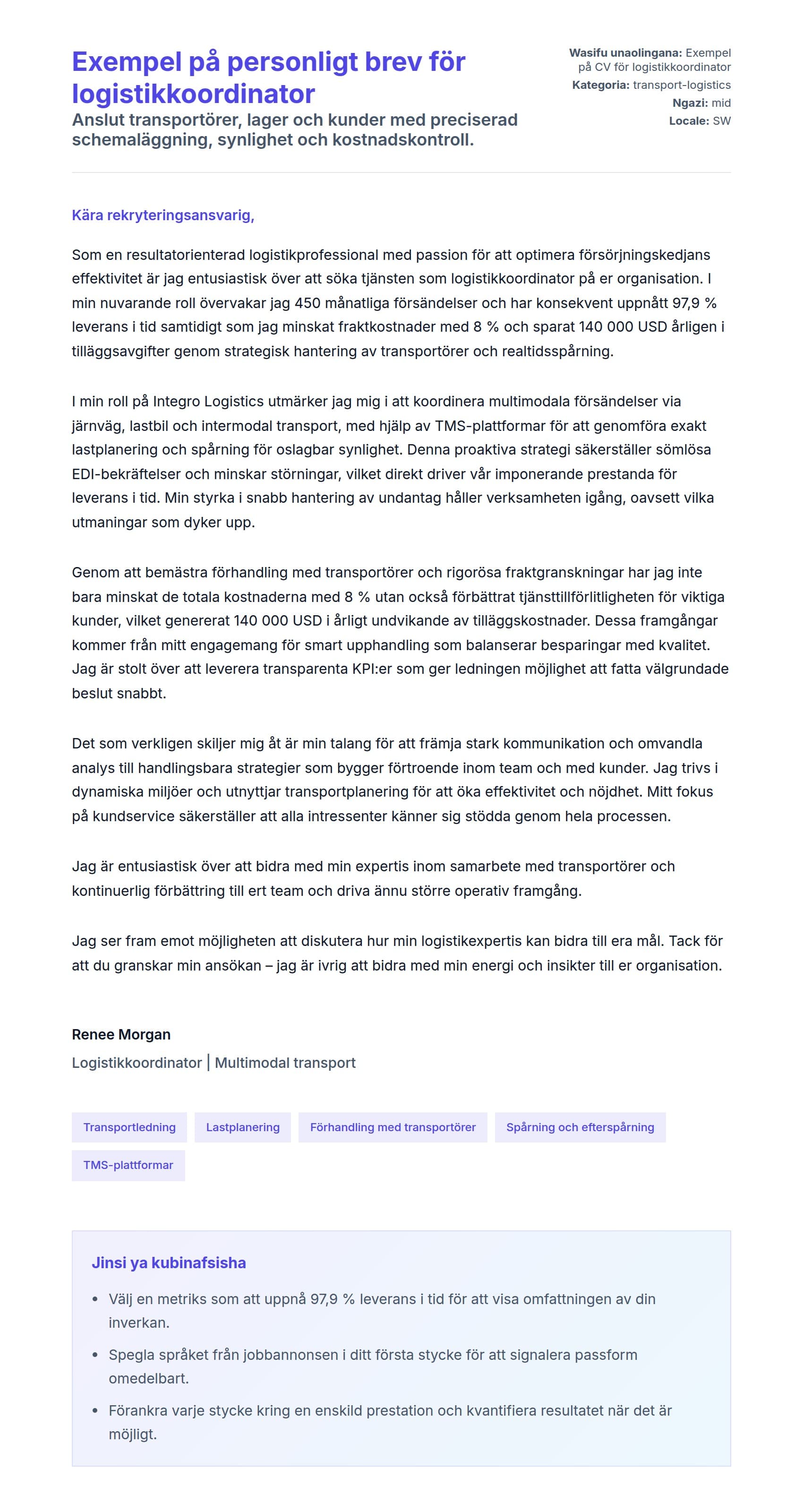 Naonyesho la Barua ya Kufunika kwa Exempel på personligt brev för logistikkoordinator