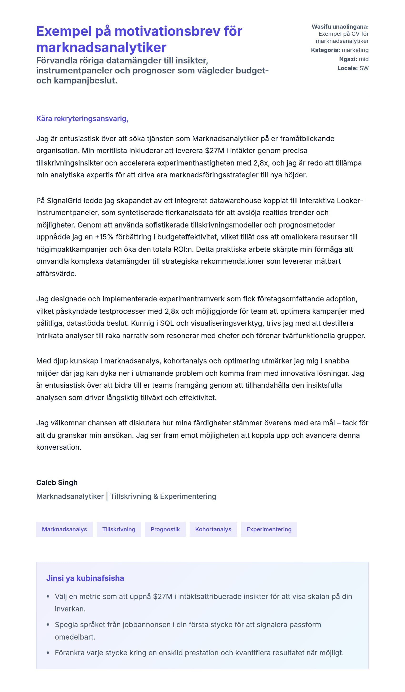 Naonyesho la Barua ya Kufunika kwa Exempel på motivationsbrev för marknadsanalytiker