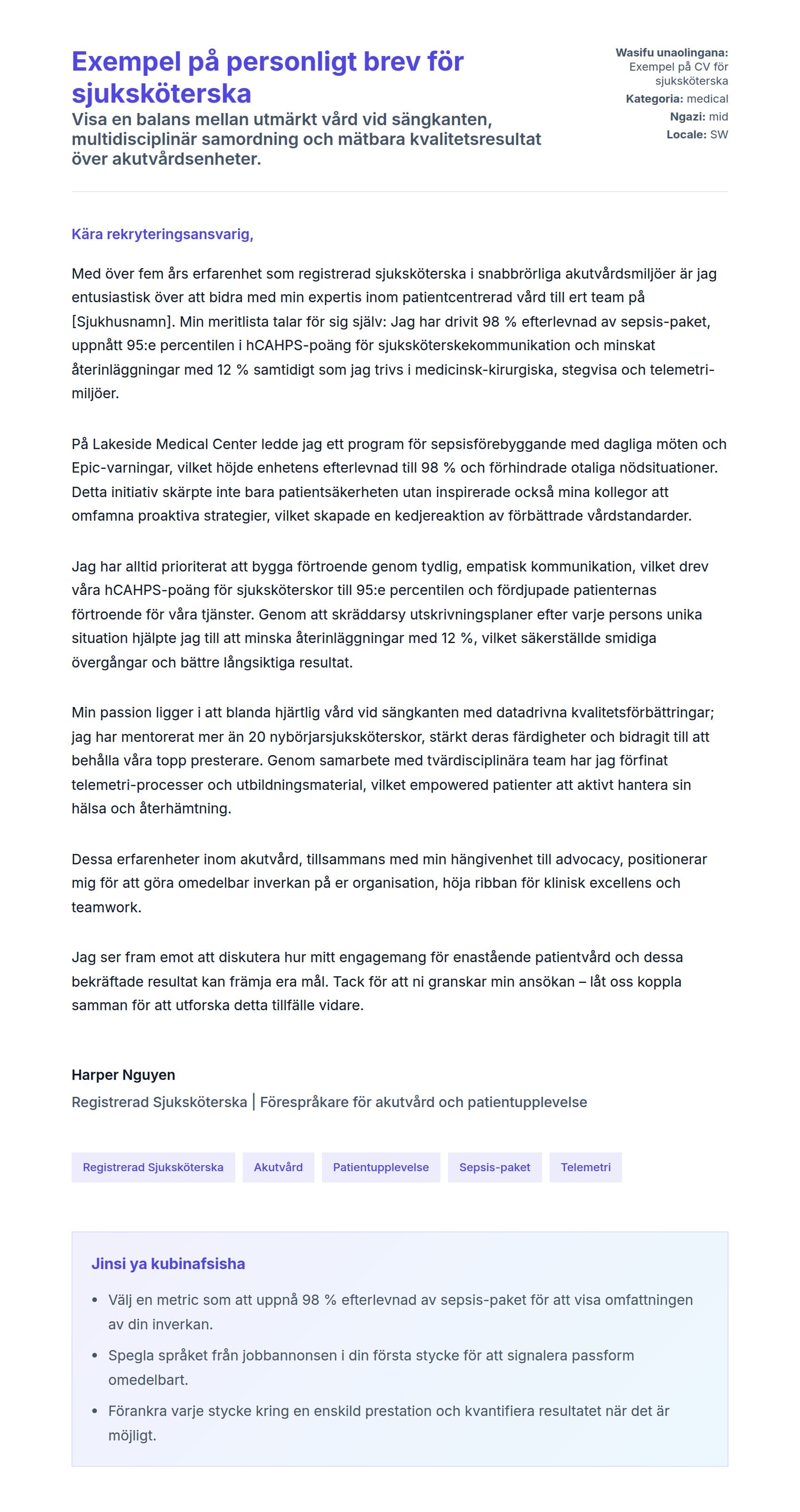 Naonyesho la Barua ya Kufunika kwa Exempel på personligt brev för sjuksköterska