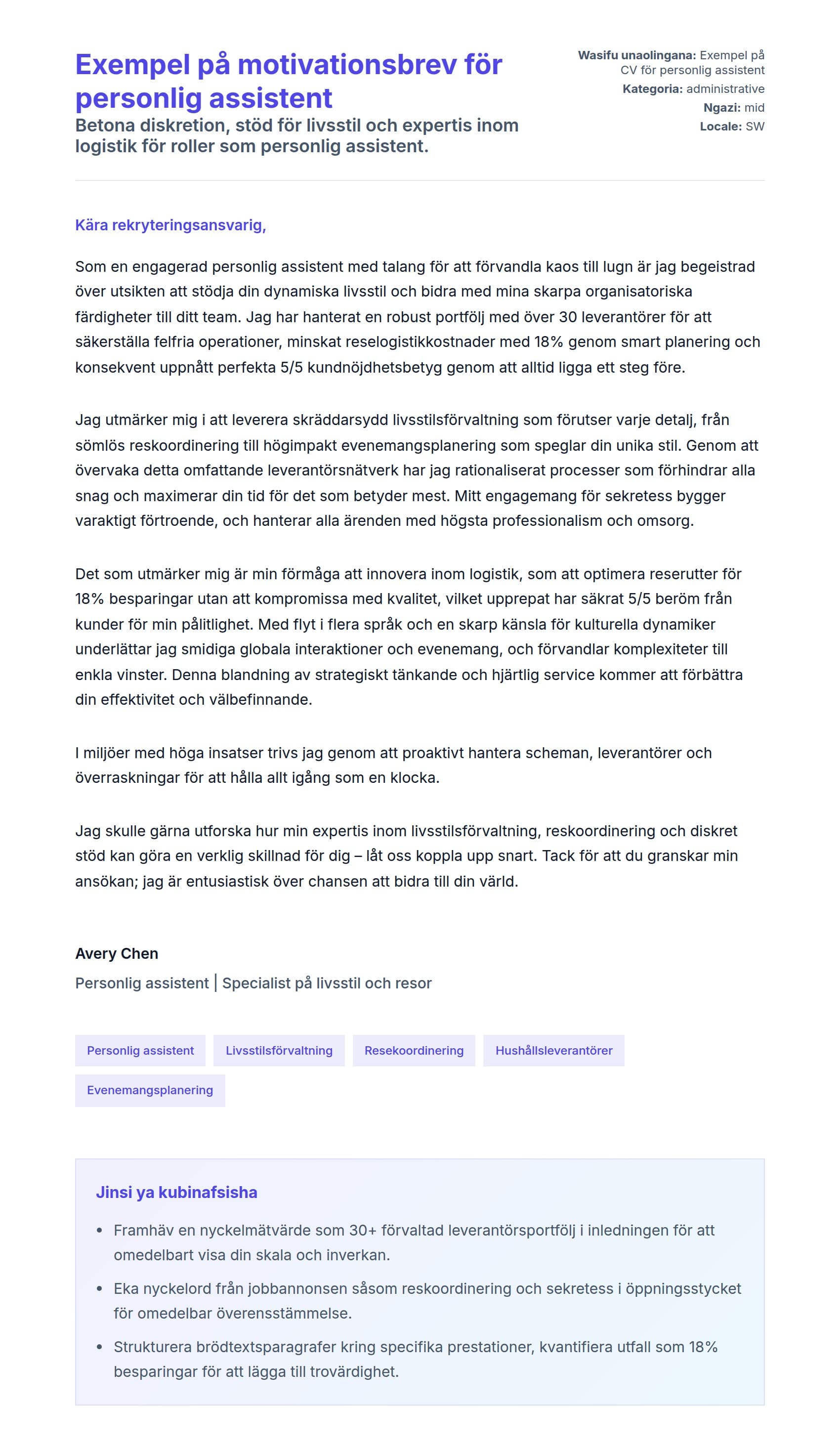 Exempel på motivationsbrev för personlig assistent