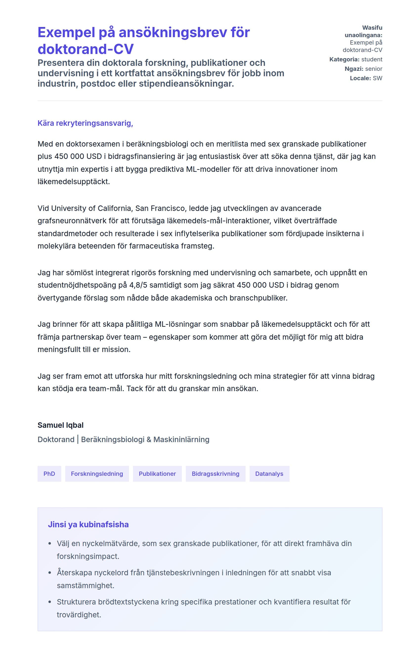 Naonyesho la Barua ya Kufunika kwa Exempel på ansökningsbrev för doktorand-CV