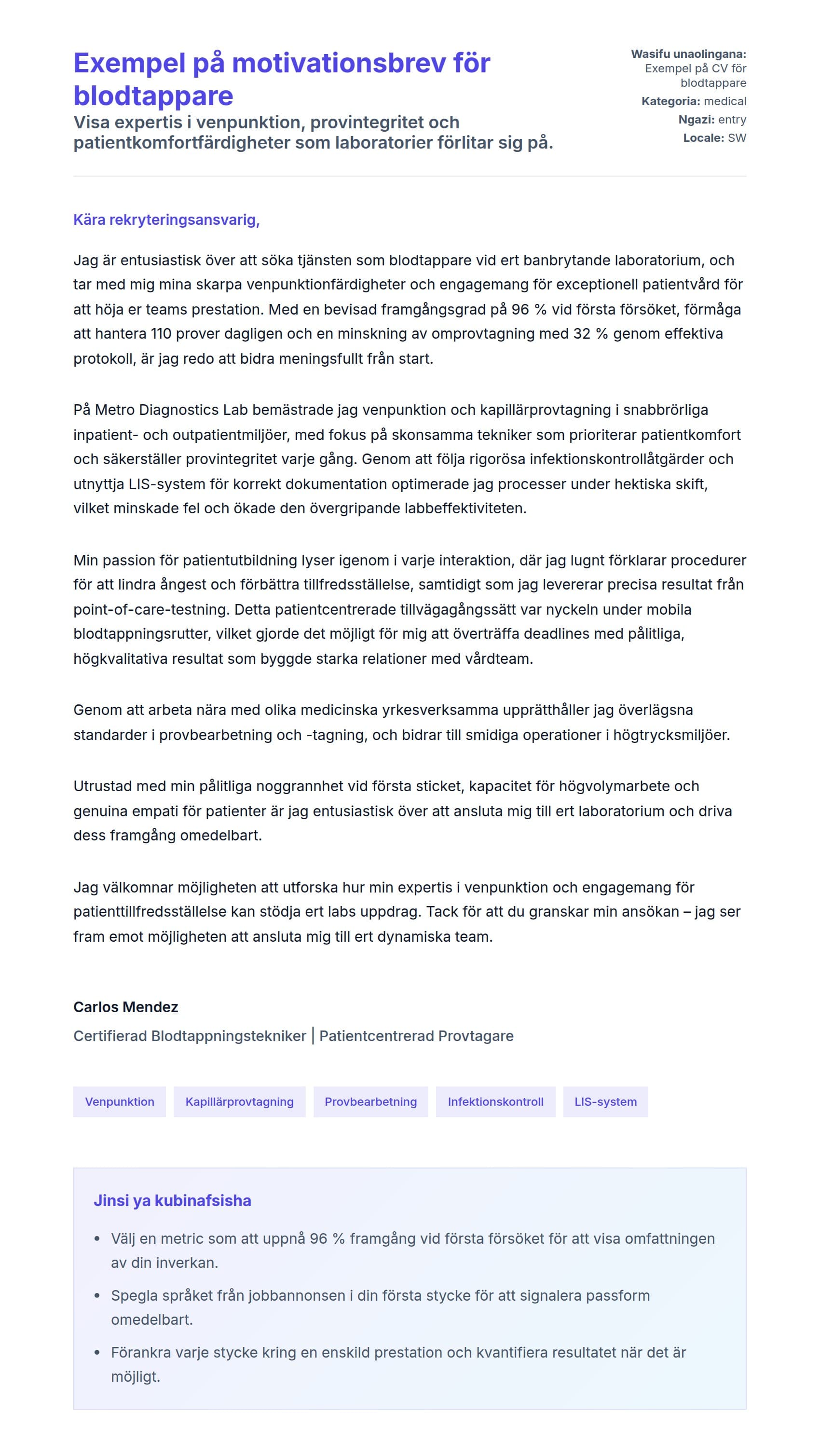 Naonyesho la Barua ya Kufunika kwa Exempel på motivationsbrev för blodtappare