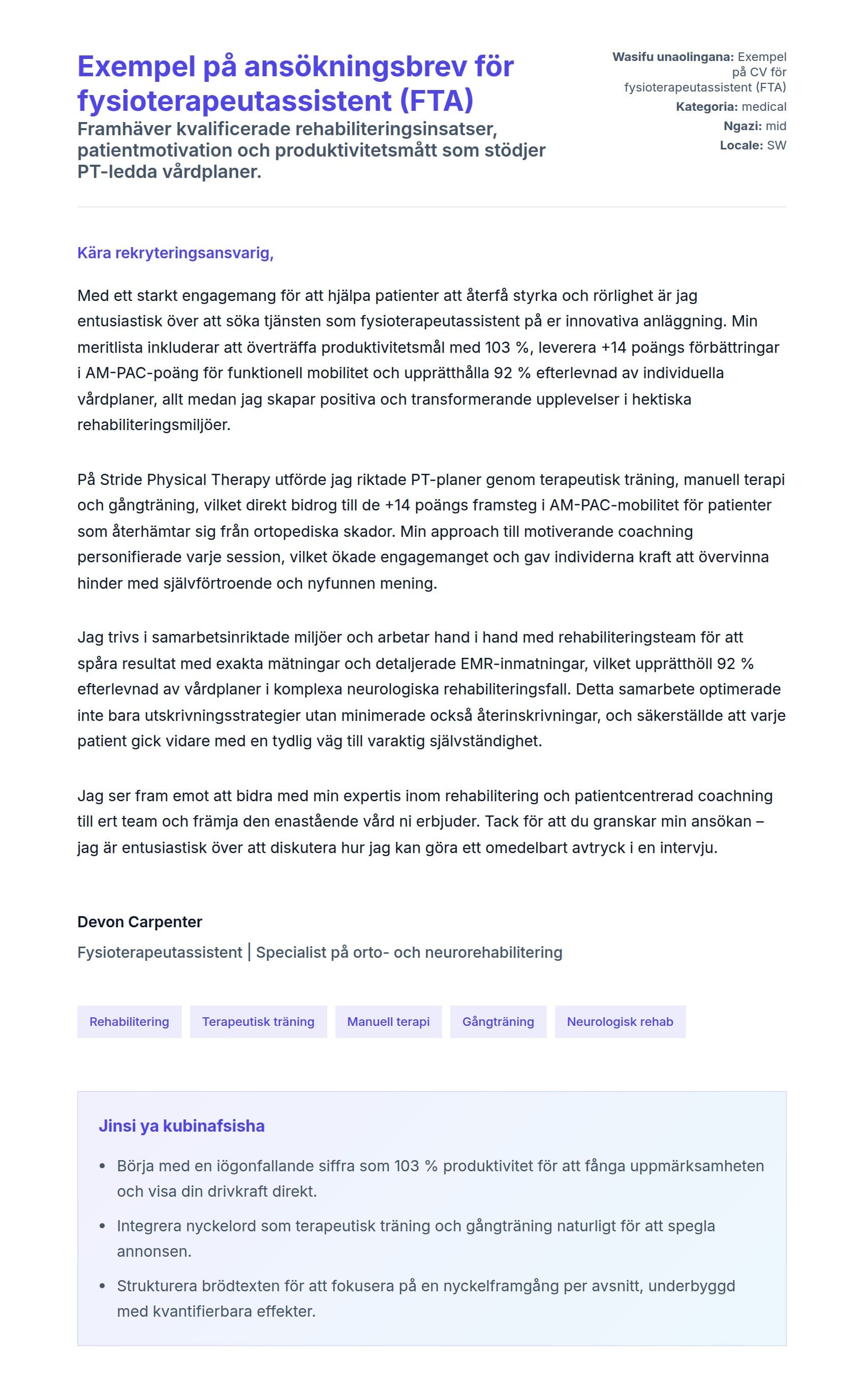 Naonyesho la Barua ya Kufunika kwa Exempel på ansökningsbrev för fysioterapeutassistent (FTA)