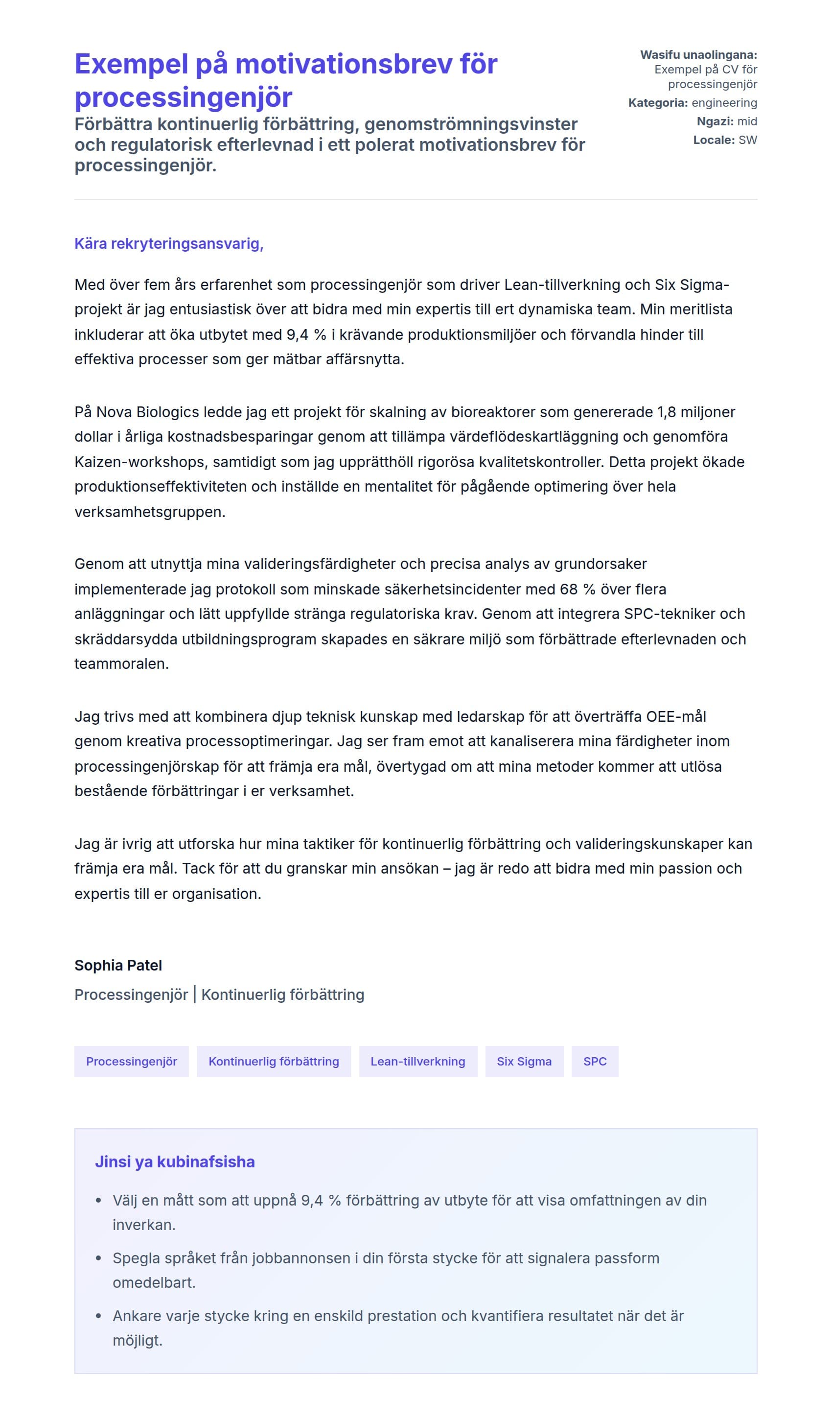 Naonyesho la Barua ya Kufunika kwa Exempel på motivationsbrev för processingenjör