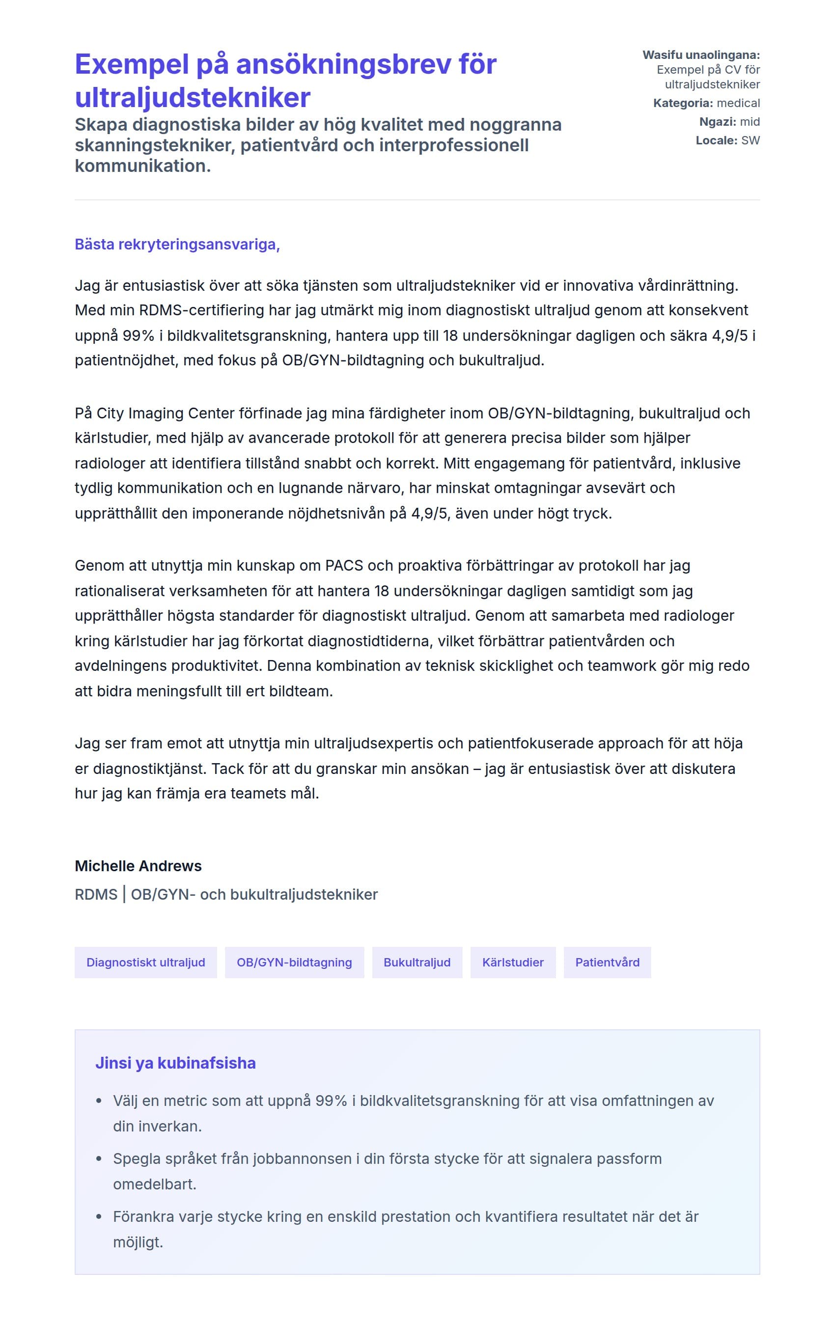 Naonyesho la Barua ya Kufunika kwa Exempel på ansökningsbrev för ultraljudstekniker