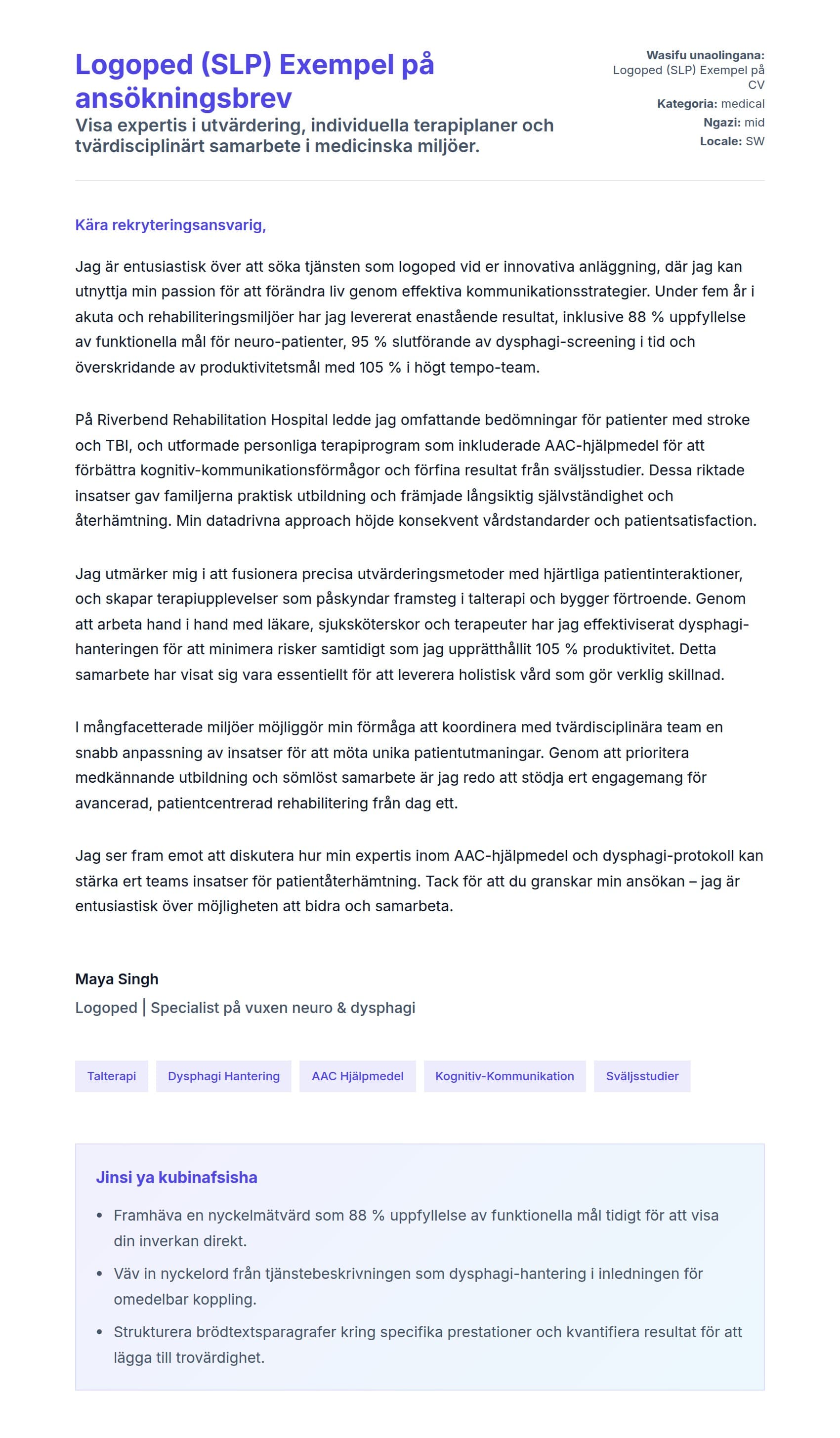 Naonyesho la Barua ya Kufunika kwa Logoped (SLP) Exempel på ansökningsbrev