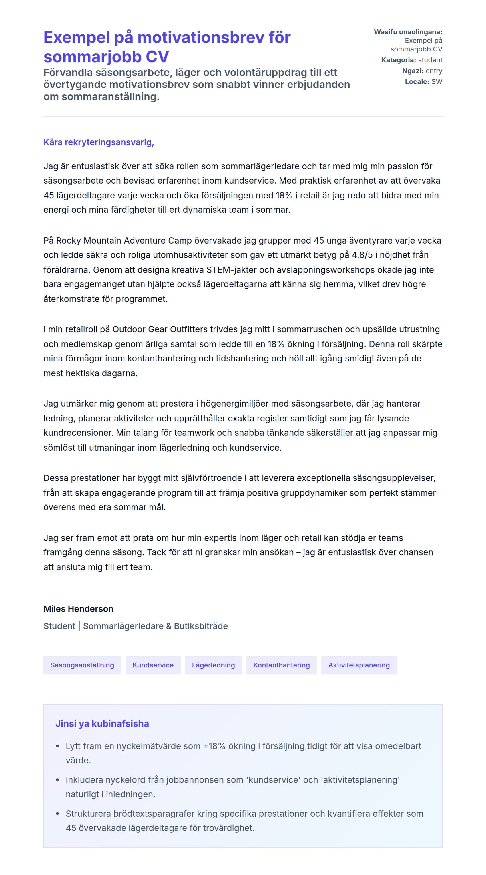 Naonyesho la Barua ya Kufunika kwa Exempel på motivationsbrev för sommarjobb CV