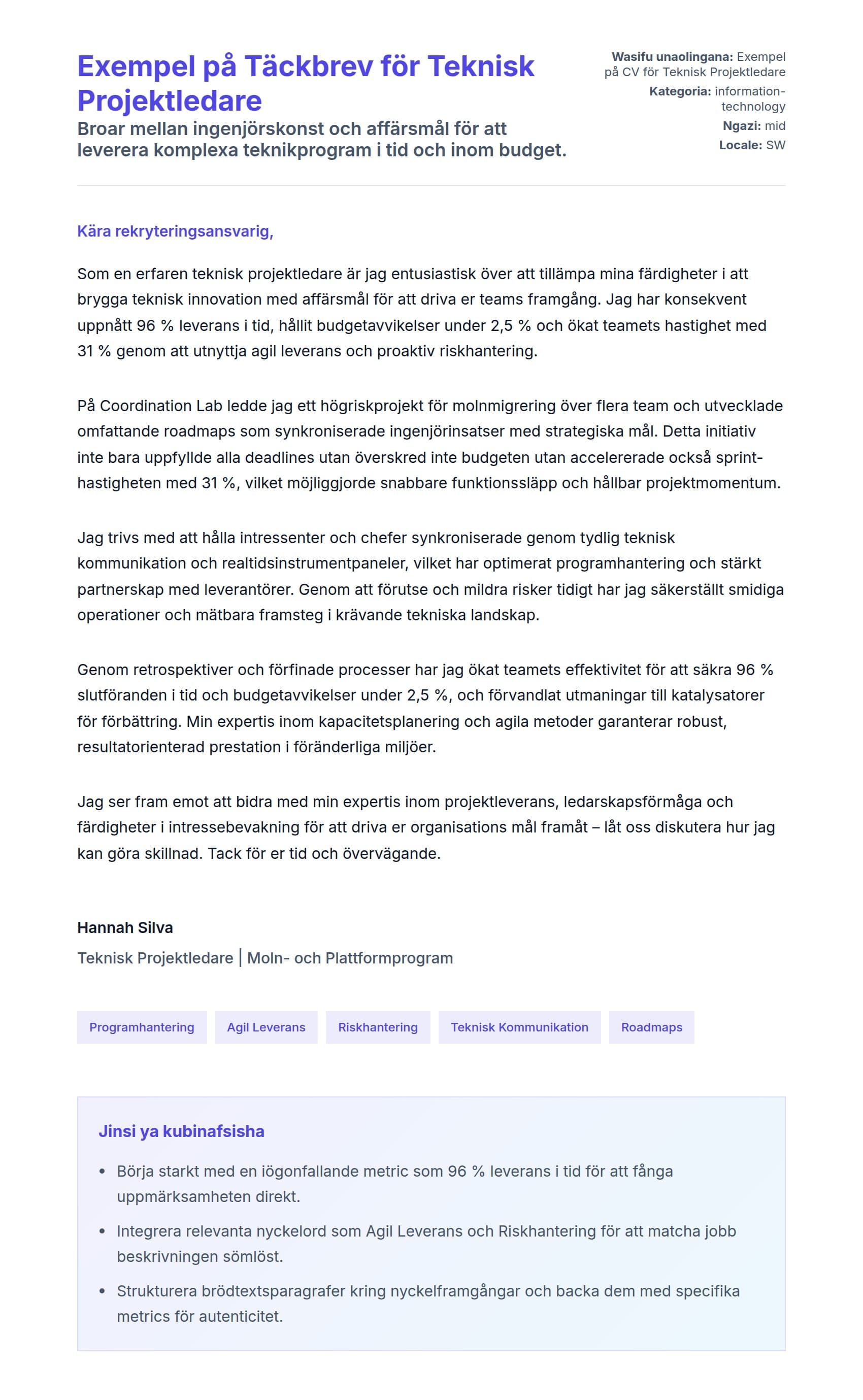Naonyesho la Barua ya Kufunika kwa Exempel på Täckbrev för Teknisk Projektledare
