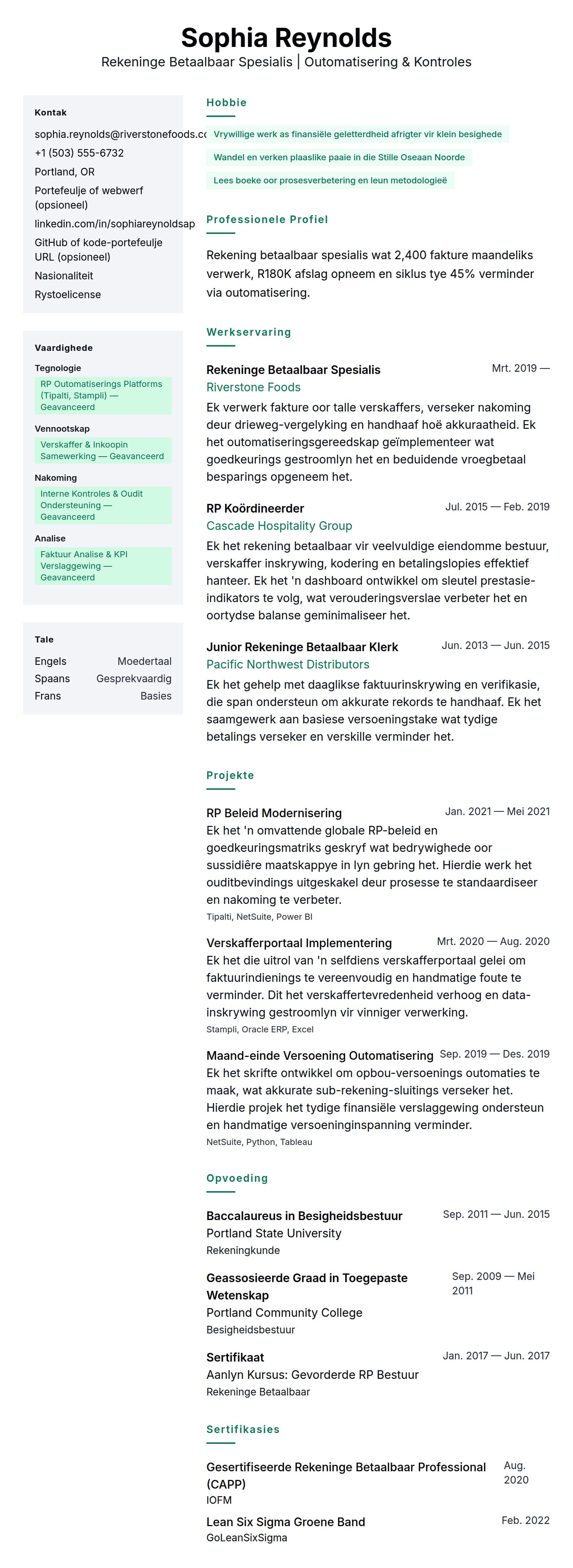 Leweensbeskrywing-vooruitskouk vir Rekeninge Betaalbaar Spesialis CV Voorbeeld