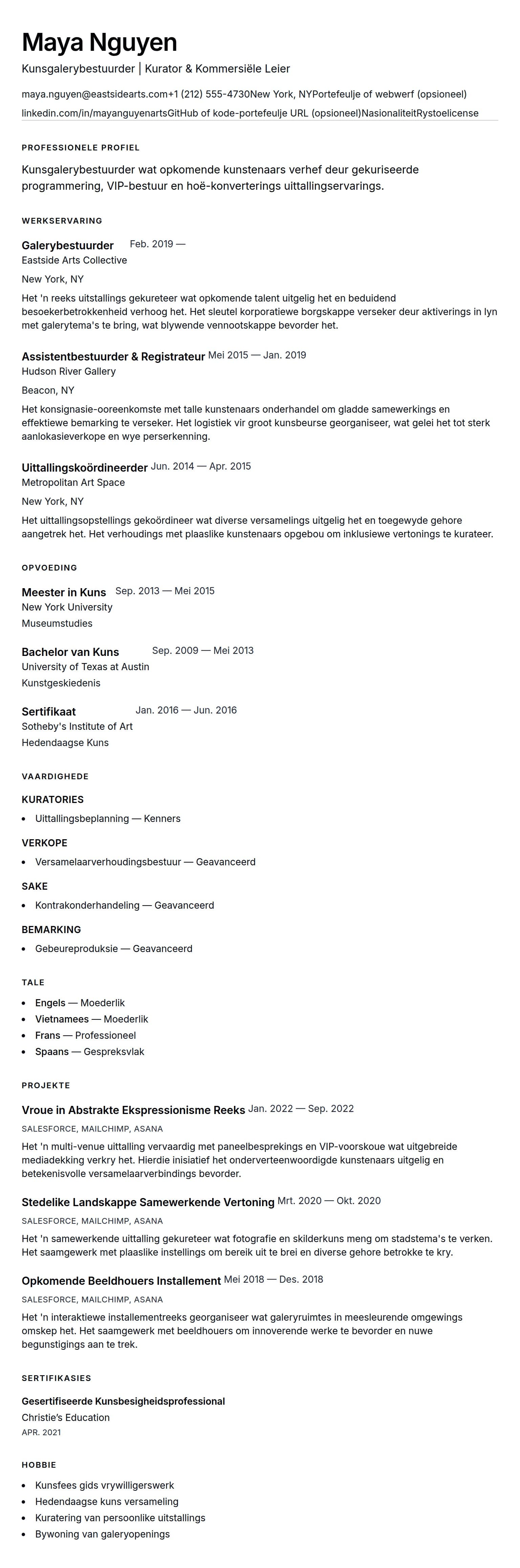 Leweensbeskrywing-vooruitskouk vir Kunsgalerybestuurder Leweensbeskrywing Voorbeeld
