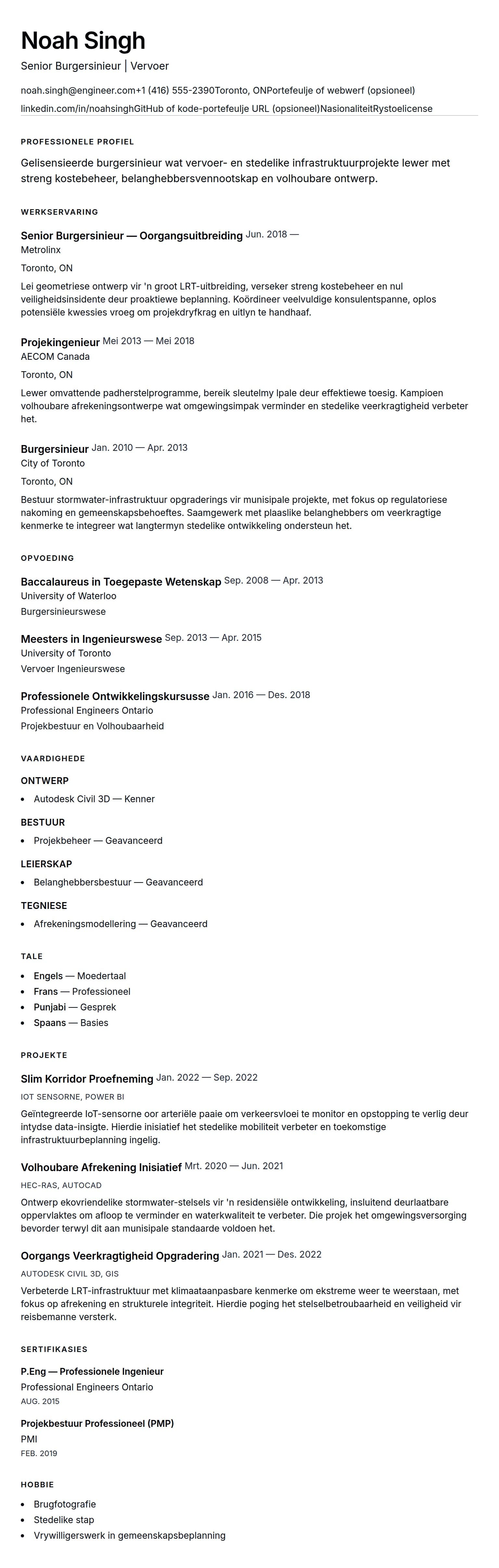 Leweensbeskrywing-vooruitskouk vir Burgersinieur Lewensloop Voorbeeld