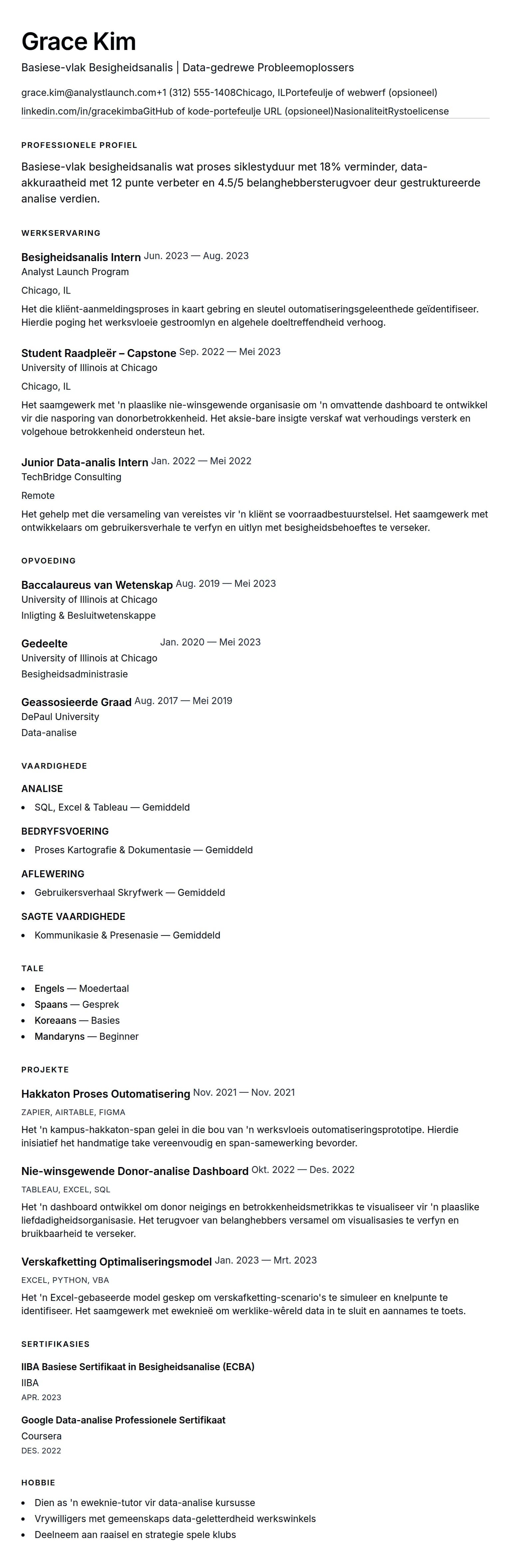 Leweensbeskrywing-vooruitskouk vir Basiese-vlak Besigheidsanalis Lewensloop Voorbeeld