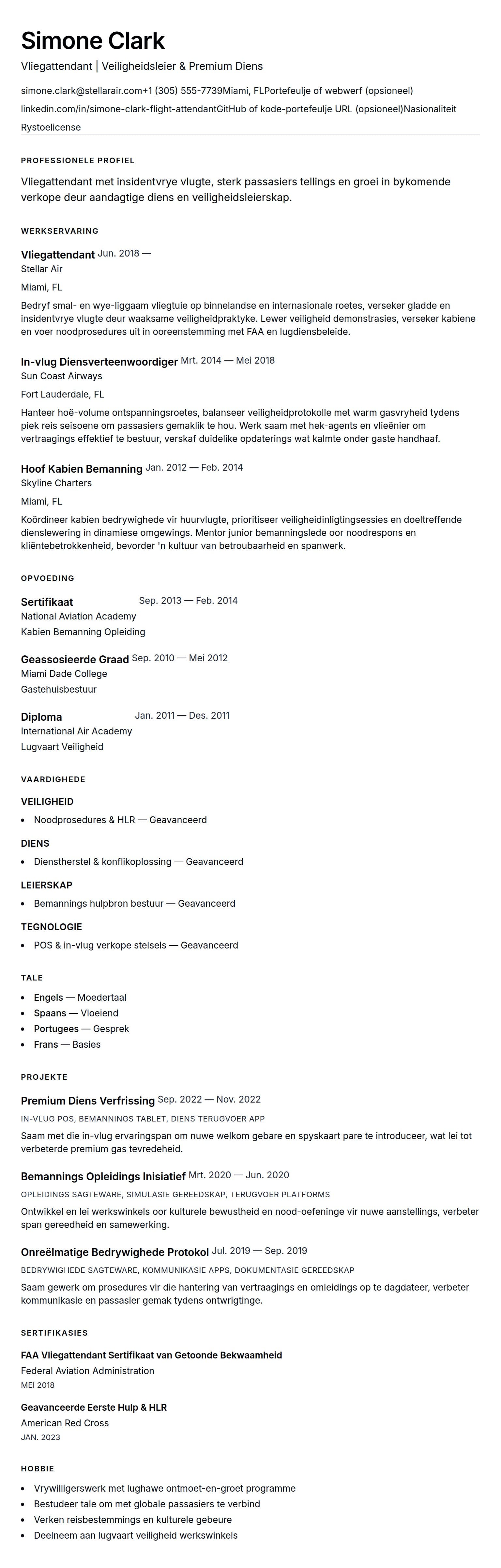 Vliegattendant Lewensloop Voorbeeld