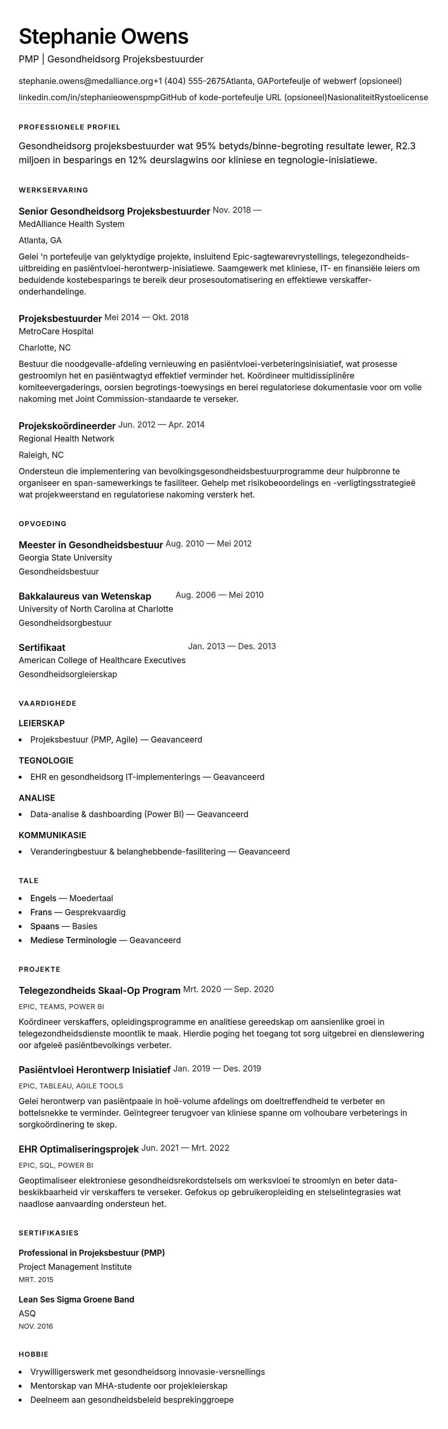 Leweensbeskrywing-vooruitskouk vir Gesondheidsorg Projeksbestuurder Lewensloopbaan Voorbeeld