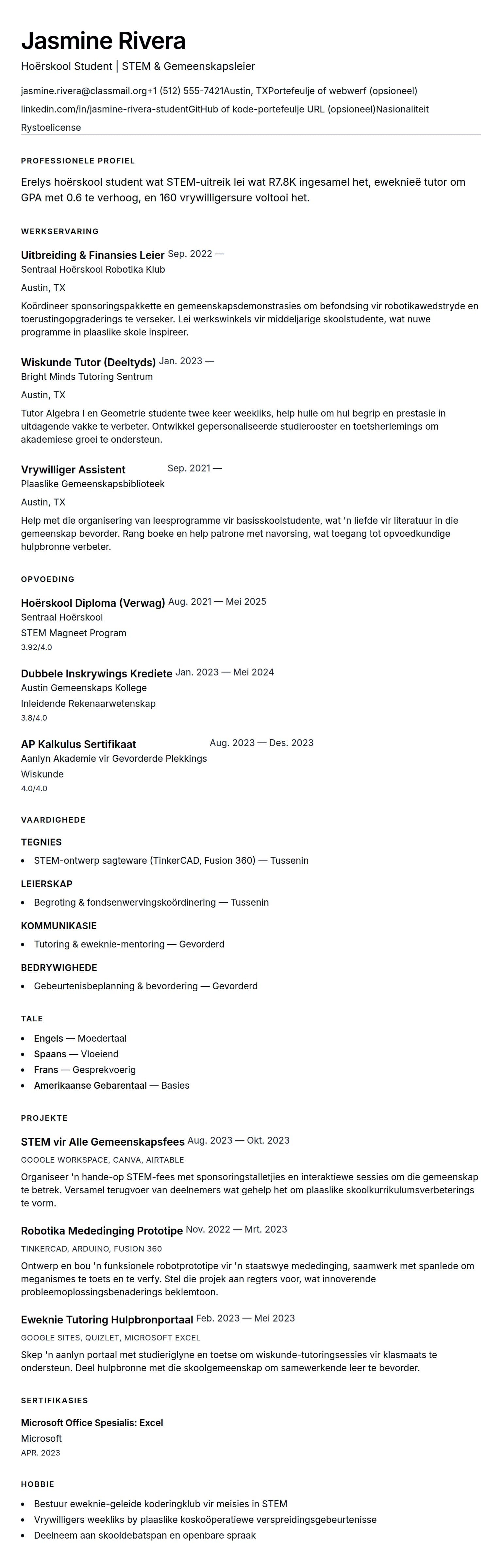 Leweensbeskrywing-vooruitskouk vir Hoërskool Student CV Voorbeeld