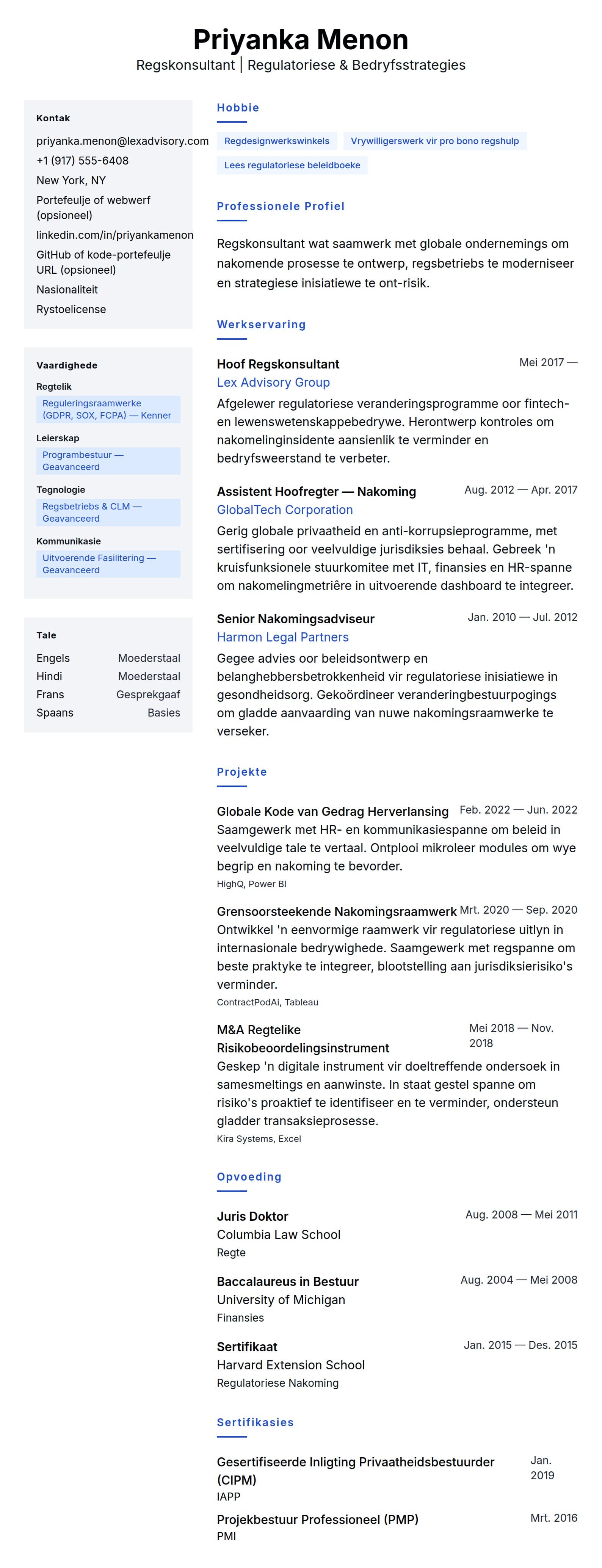 Leweensbeskrywing-vooruitskouk vir Regskonsultant Lewensloopvoorbeeld