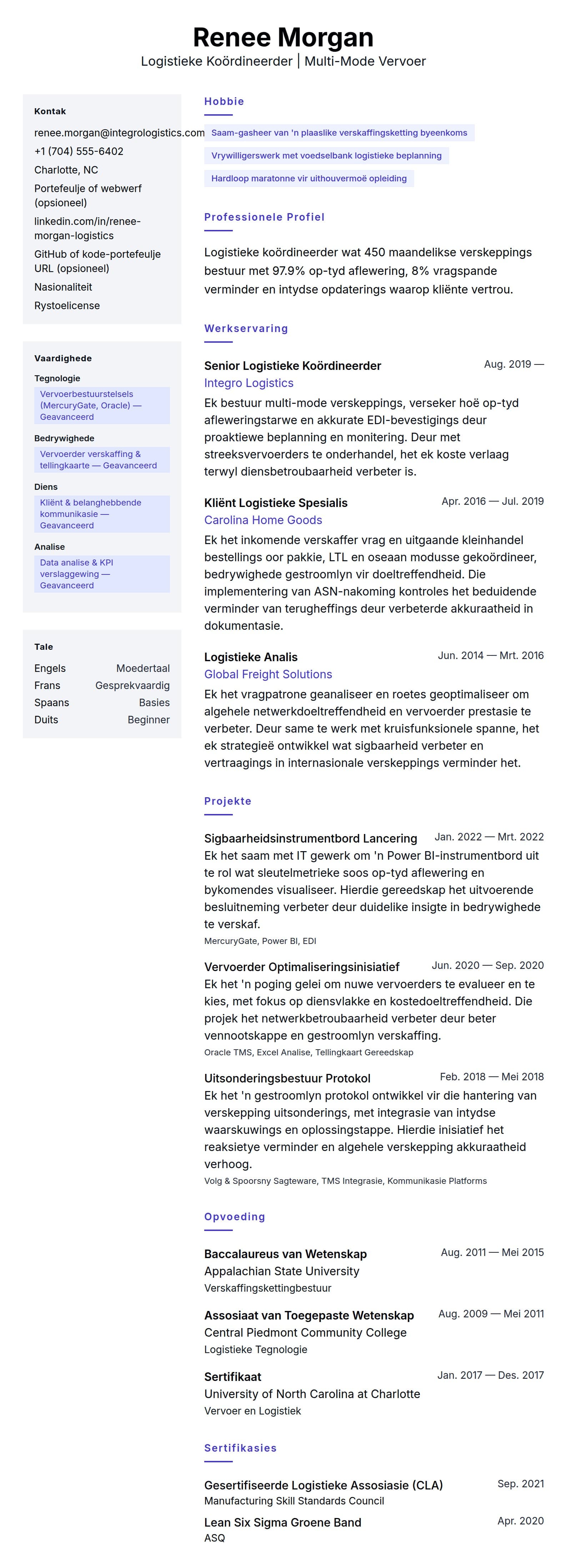 Leweensbeskrywing-vooruitskouk vir Lewensloop Voorbeeld vir Logistieke Koördineerder