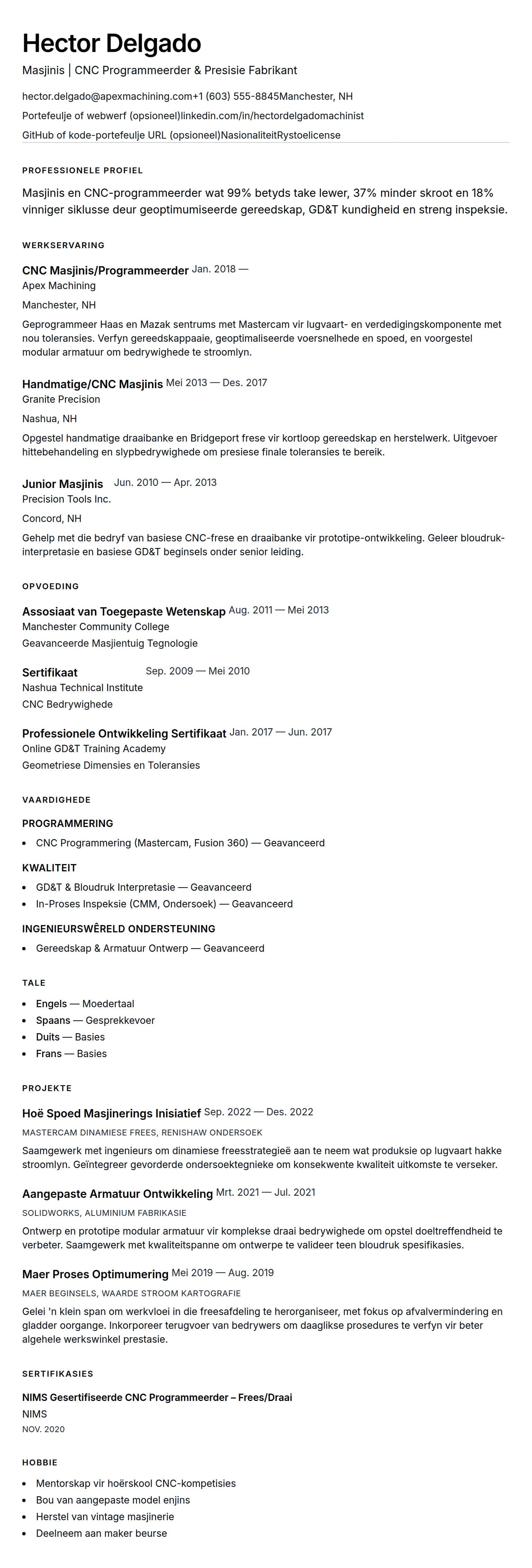 Leweensbeskrywing-vooruitskouk vir Masjinis CV-voorbeeld