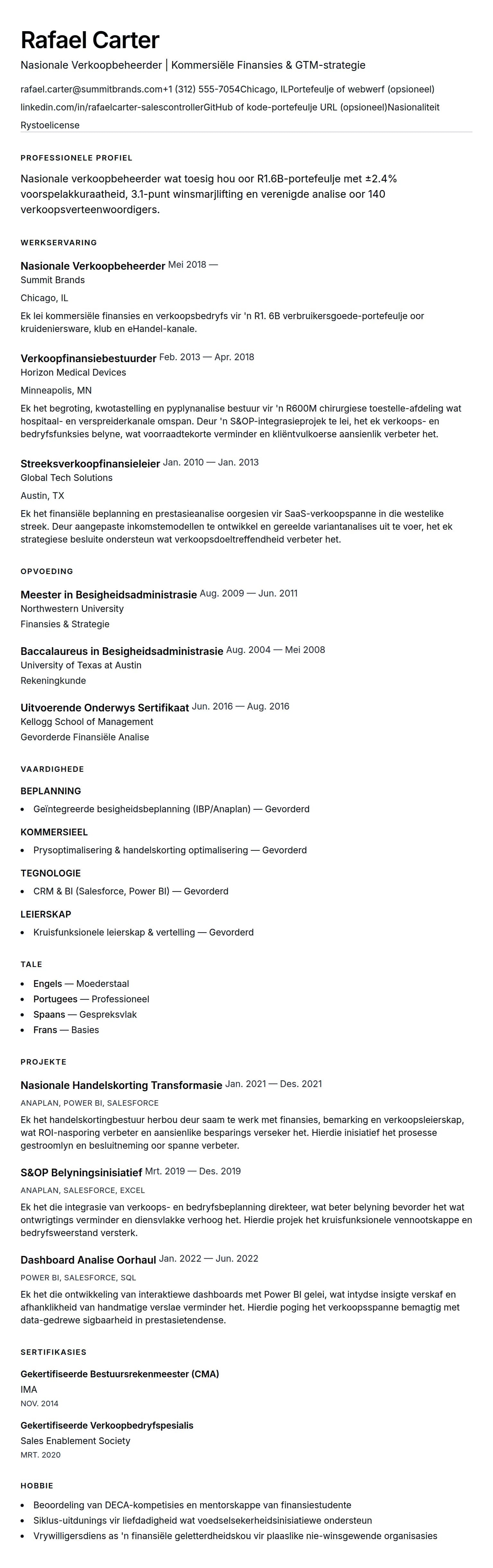 Leweensbeskrywing-vooruitskouk vir Voorbeeld van 'n Leweensbeskrywing vir Nasionale Verkoopbeheerder