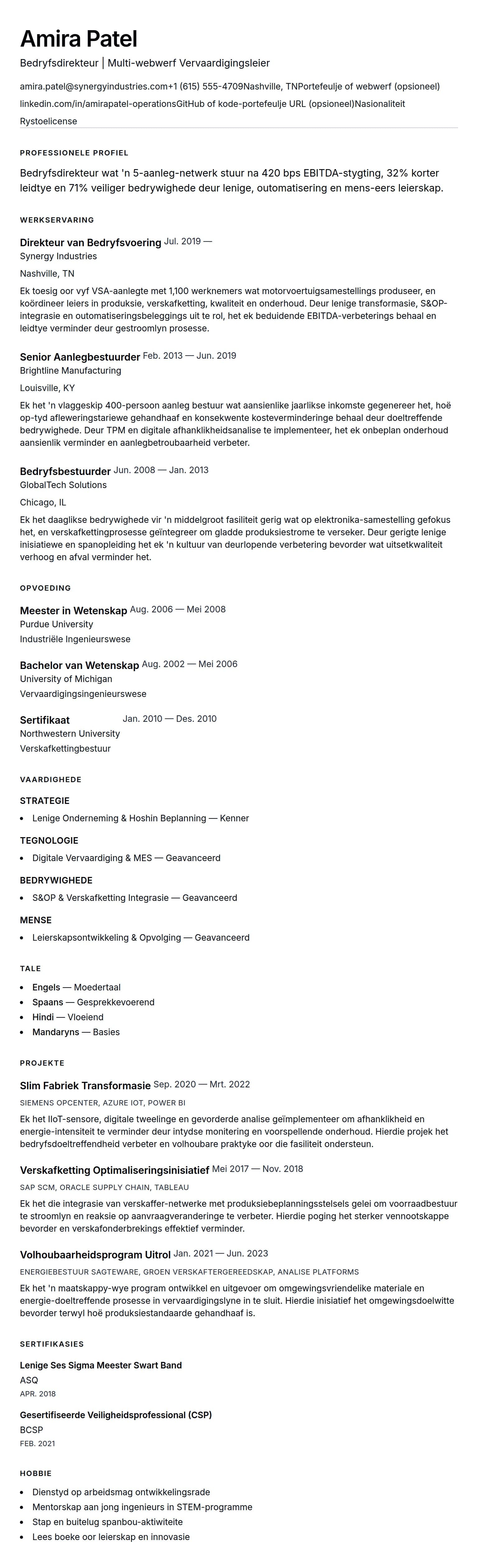 Leweensbeskrywing-vooruitskouk vir Bedryfsdirekteur Lewensloopvoorbeeld