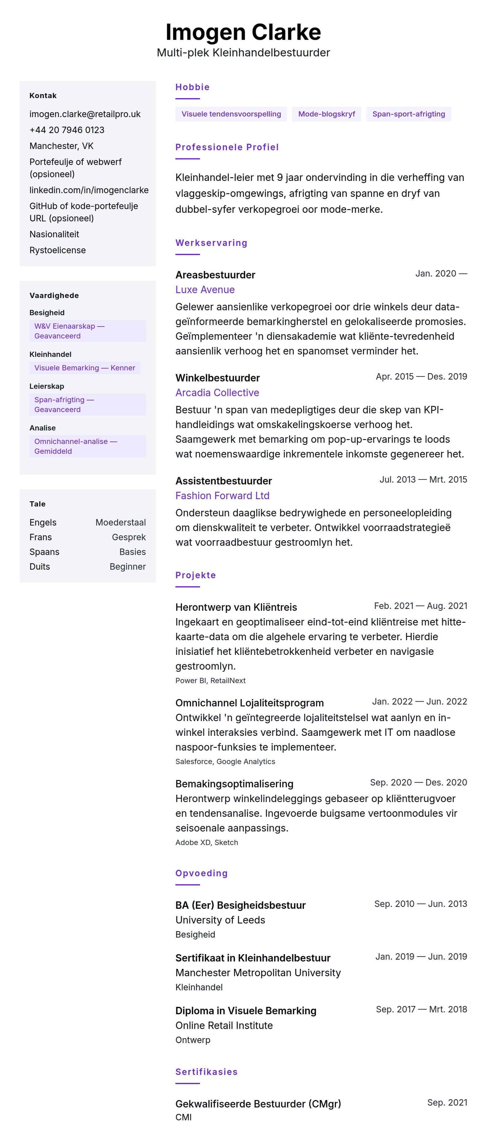 Leweensbeskrywing-vooruitskouk vir Voorbeeld van Kleinhandelbestuurder se Lewensloop