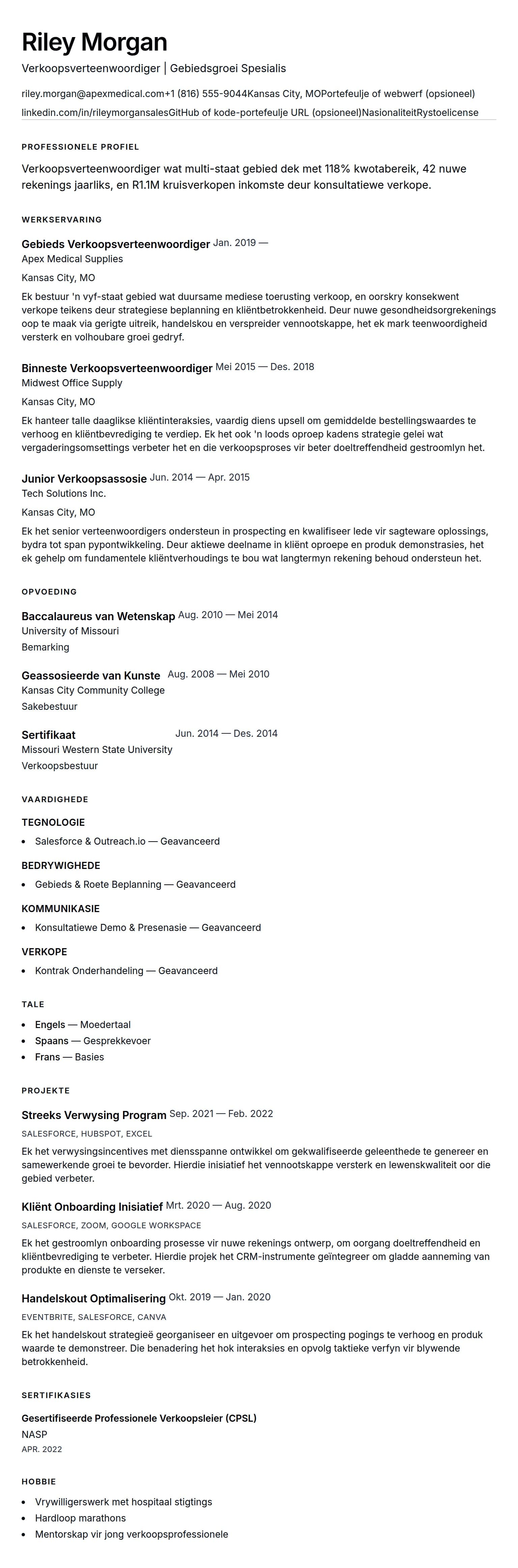 Leweensbeskrywing-vooruitskouk vir Verkoopsverteenwoordiger CV Voorbeeld