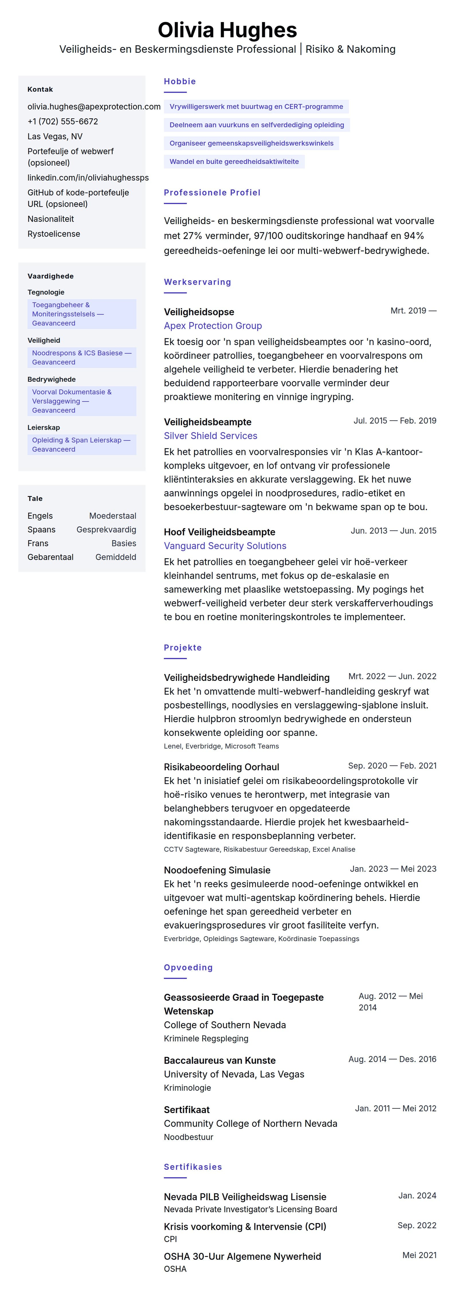 Leweensbeskrywing-vooruitskouk vir Veiligheids- en Beskermingsdienste Professional CV-Voorbeeld