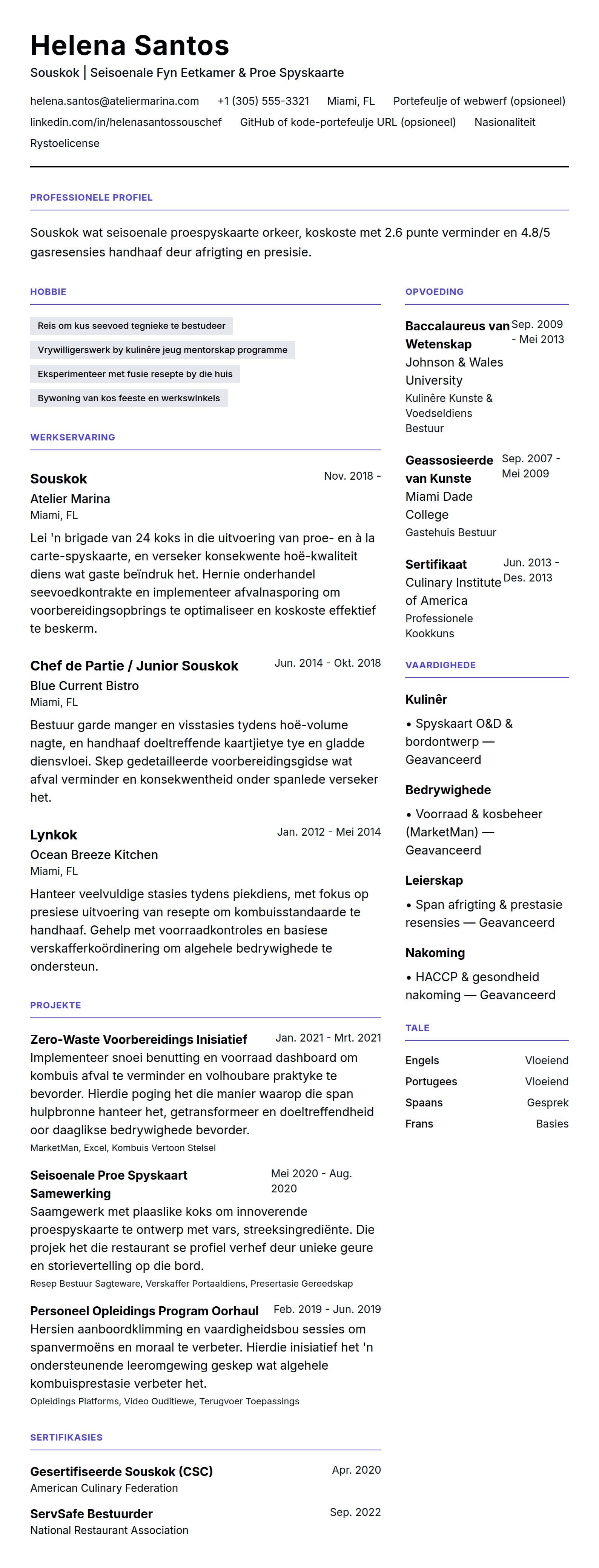 Leweensbeskrywing-vooruitskouk vir Souskok Lewensloop Voorbeeld