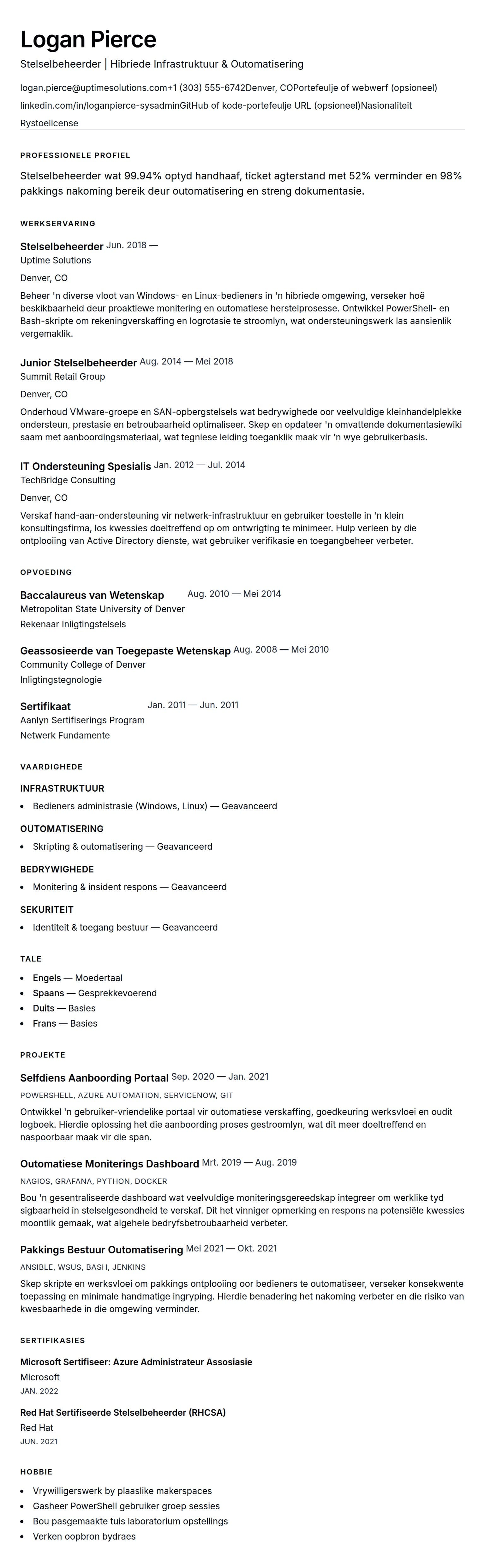 Leweensbeskrywing-vooruitskouk vir Stelselbeheerder Lewensloop Voorbeeld